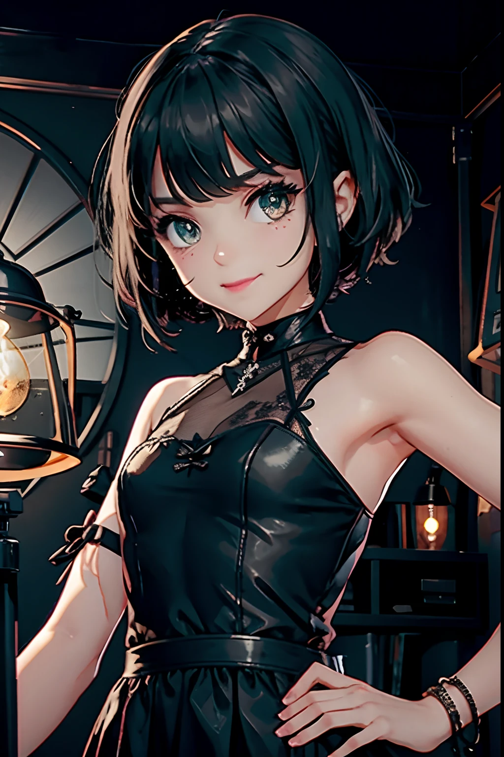 Anime girl in a black dress standing in front of a lamp, anime moe artstyle, Crotchet, Garota Anime usando um vestido preto, menina anime sedutora, arte de anime digital detalhada, estilo anime 4K, estilo anime. 8k, night core, trending on artstation pixiv, [[[[sorrindo malvado]]]]