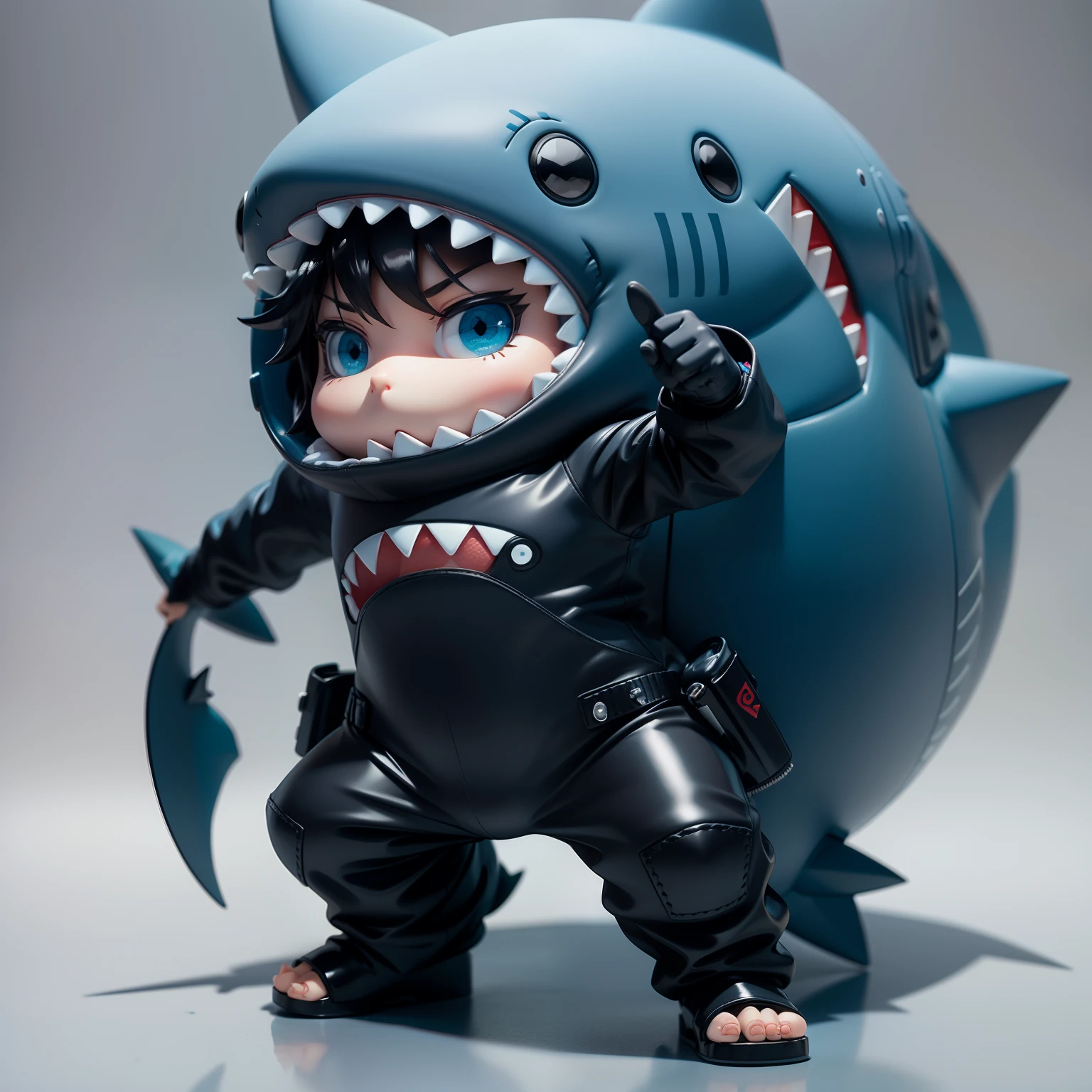 Chibi, shark, Cute, Blue,Shark Hat,  actionpose, Black Hair Bob, Sauce order,Shark Suit, Big Badejo, Full body, masutepiece, 3D Rendering, Best Quality, Lots of detail, (Plain background), vinyl toy figurine