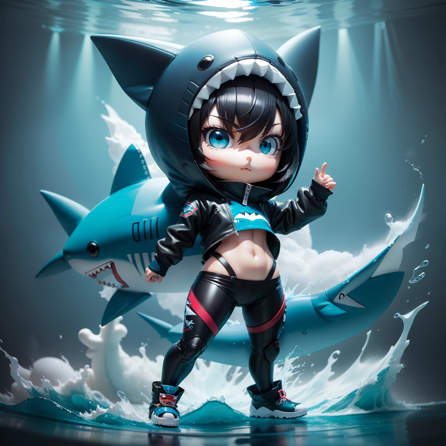 Chibi, shark, Cute, Blue,Shark Hat,  actionpose, Black Hair Bob, Sauce order,Shark Suit, Big Badejo, Full body, masutepiece, 3D Rendering, Best Quality, Lots of detail, (Plain background), vinyl toy figurine