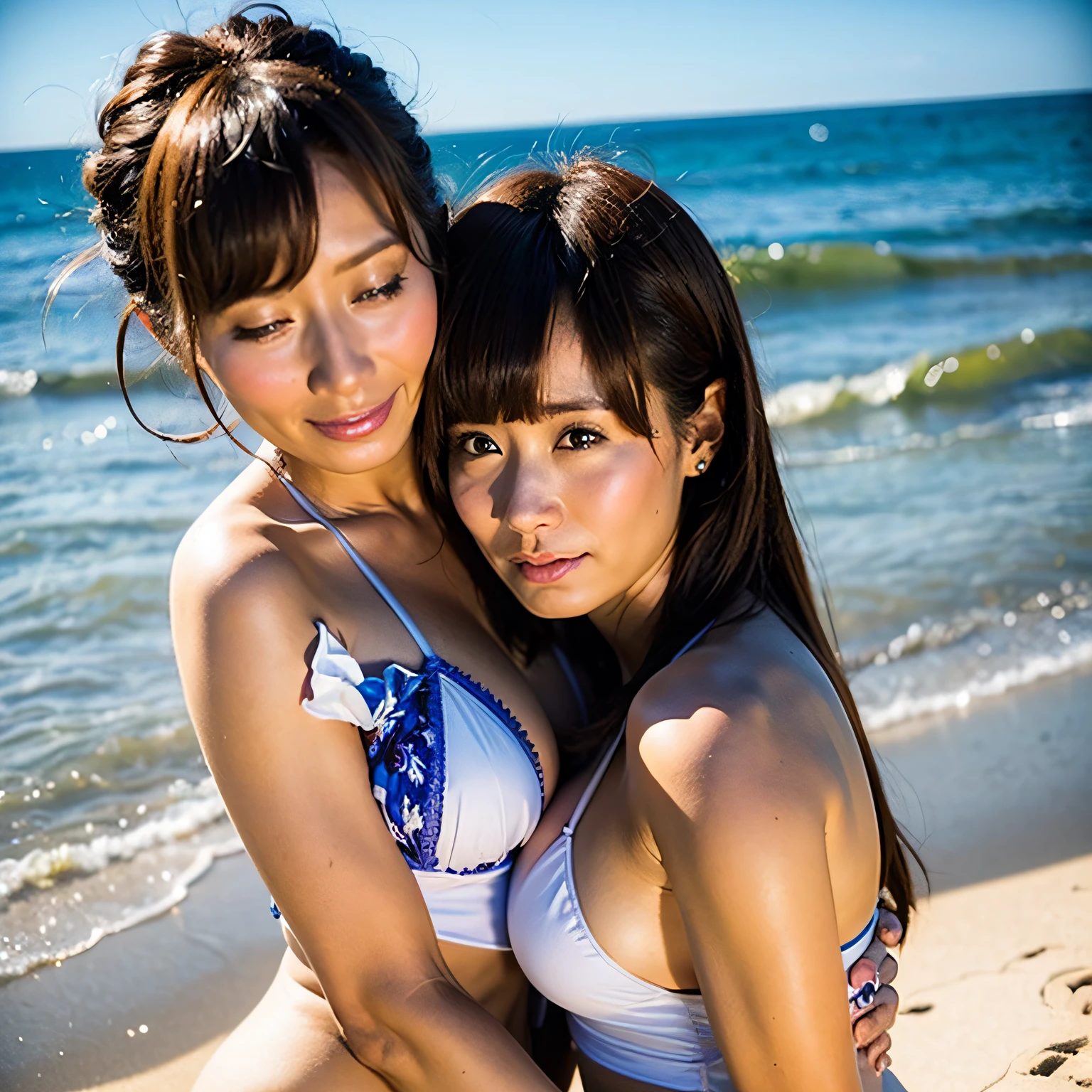 in 8K、top-quality、masterpiece、extremely delicate and beautiful、extremely details CG、Unity、(realisitic、Photorealsitic:1.8)、astonishing、finely detail、masterpiece、sand beach、(Two hugging Japan)、(White Micro Bikini)、Soft skin、exposed shoulder、exposed breast、(Wet white skin)、soaked、wetting hair