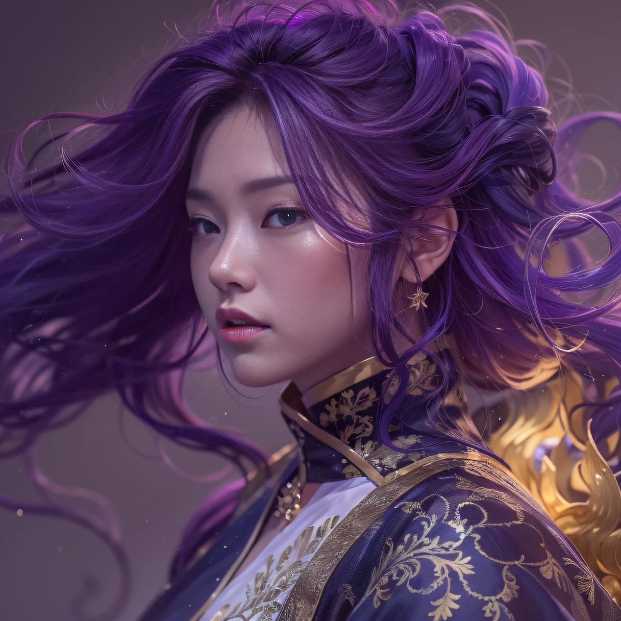 Agate glass texture 32K（tmasterpiece，k hd，hyper HD，32K）Long flowing bright purple hair，Autumn Pond，zydink， a color， Asian people （Kizi）， （Red scarf）， Combat posture， looking at the ground， long whitr hair， Floating bright purple， Fire cloud pattern gold tiara， Chinese long-sleeved gold silk garment， （abstract ink splash：1.2）， white backgrounid，Lotus protector（realisticlying：1.4），Bright purple hair，Smoke on the road，The background is pure， A high resolution， the detail， RAW photogr， Sharp Re， Nikon D850 Film Stock Photo by Jefferies Lee 4 Kodak Portra 400 Camera F1.6 shots, Rich colors, ultra-realistic vivid textures, Dramatic lighting, Unreal Engine Art Station Trend, cinestir 800，Long flowing bright purple hair