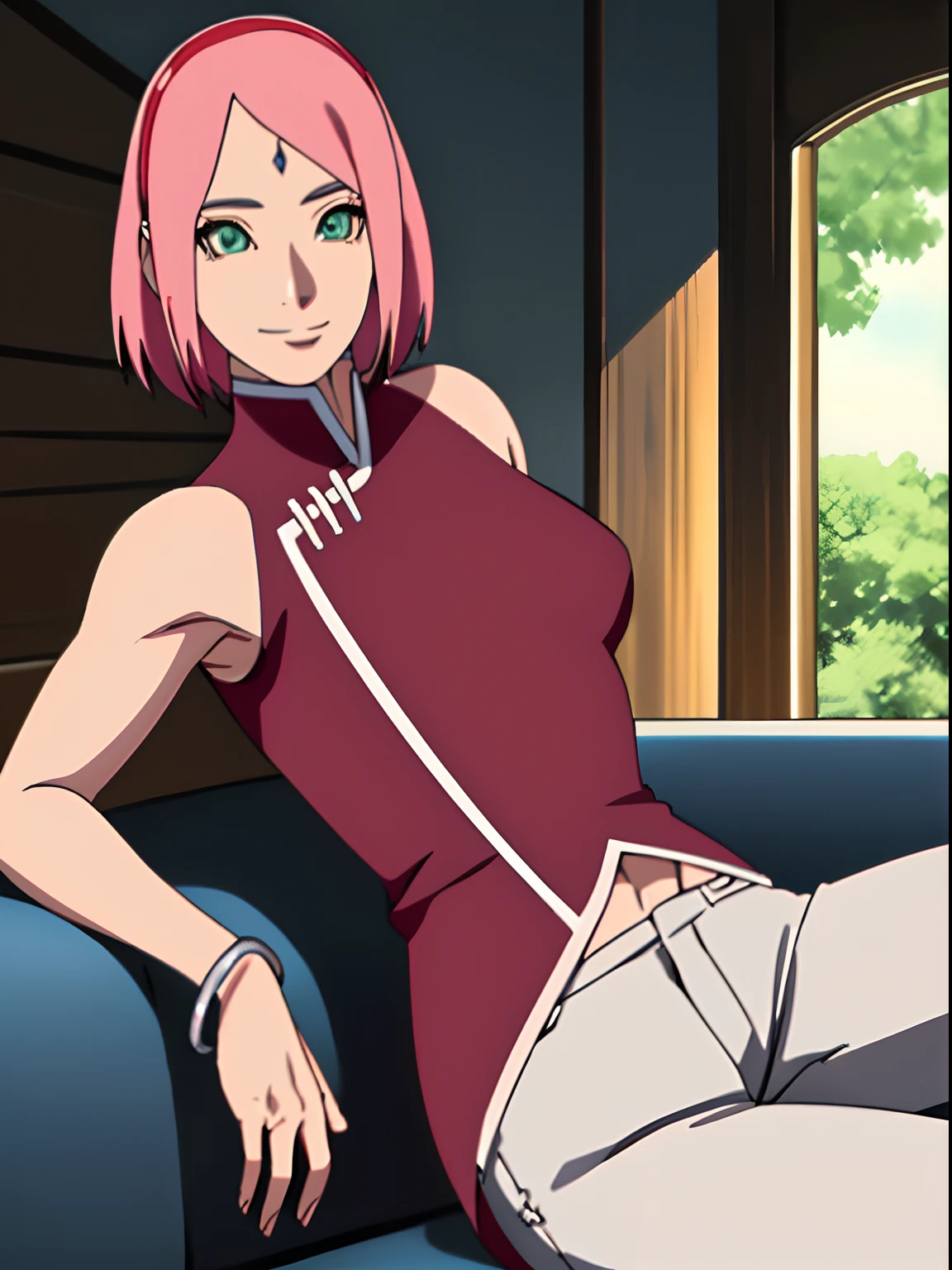 masterpiece, 4k, portrait, cowboy shot, (night), professional artwork, intricate details, colorful, digital blending, (ultra detailed body, ultra detail hair, ultra detail face), trending on pixiv, kind smile, best quality, anime style: 1.9, 1girl, hires, haruno sakura, (forehead mark, milf, red hairband, pale skin, (small breasts), short hair, ((red sleeveless dress,), white pants), (navel, belly button, slender body, slender belly, bracelet, pink hair, open mouth, big eyes), smile, beach, wind, floating hair, detailed arms, off-shoulders, broad shoulders, (slightly muscular arms, slightly strong biceps), armpit on couch, rips, , fancy couch, relaxing, (hand leaning on couch, laying, talking, looking at the viewer, showing armpit)