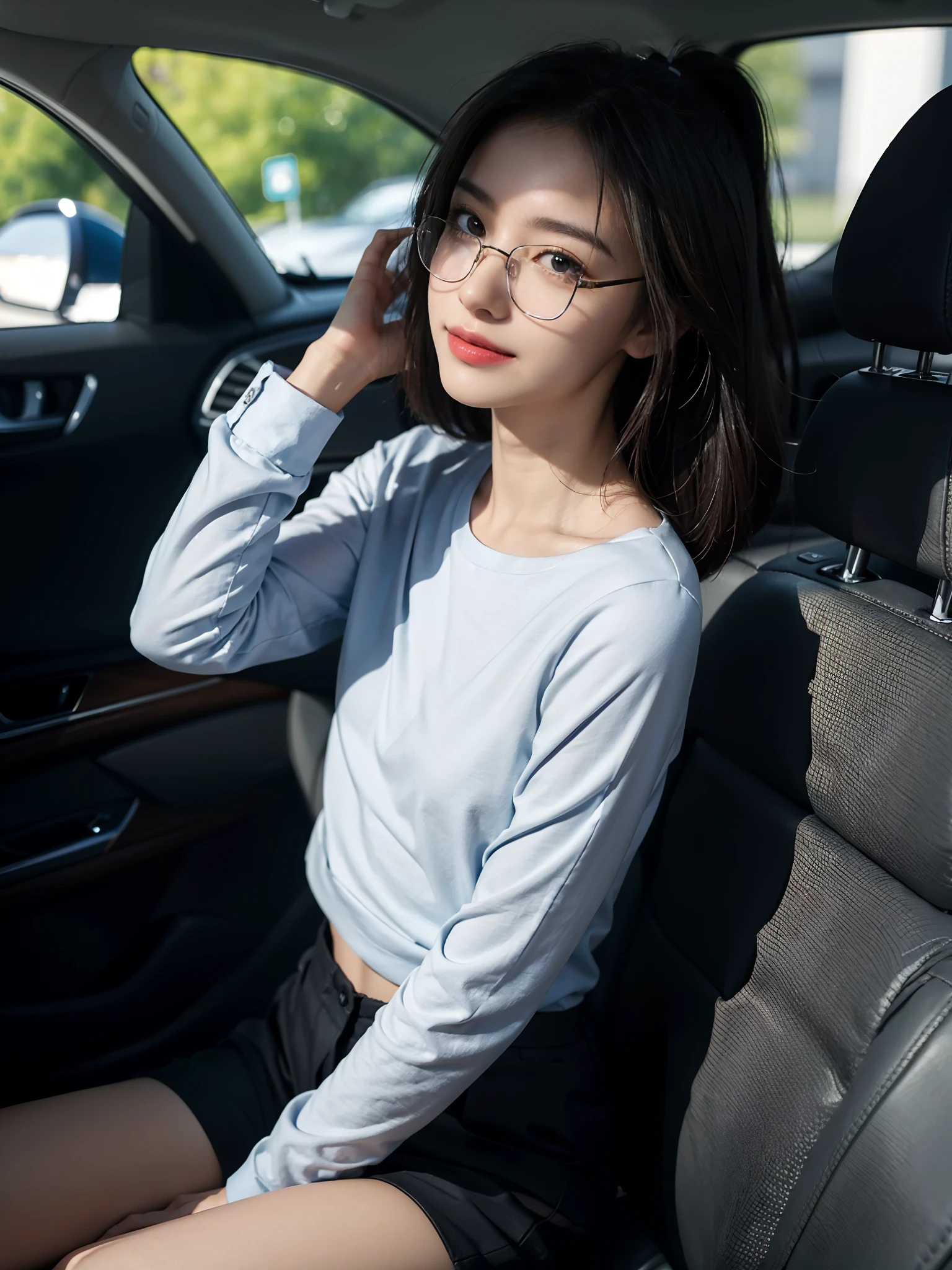 ((Small lower chest)), (shoulder-length straighthair: 1.2), Black hair,Short ponytail，Upper body, （Extremely meticulous CG 8k wallpaper），（Extremely refined and beautiful），（Masterpiece），（best qualtiy：1.0），（Ultra High Resolution：1.0），beautiful light up，Perfect lightning，realistic shaded，[A high resolution]，Smooth and flawless fair skin，Extremely exquisite facial details，（perfect body：1.1），ultra - detailed，A beautiful girl，small head，(Small breasts:1.1)，Flat chests，slim，thin，Smile，cheerfulness，collar，（light blue long sleeved suit shirt:1.1），（Black shorts：1.1），White sneakers，Summer，Morning，sitting in a spacious private car，A female driver，Place hands on the steering wheel，driving car，Wearing glasses, looking forward，Close Shot，