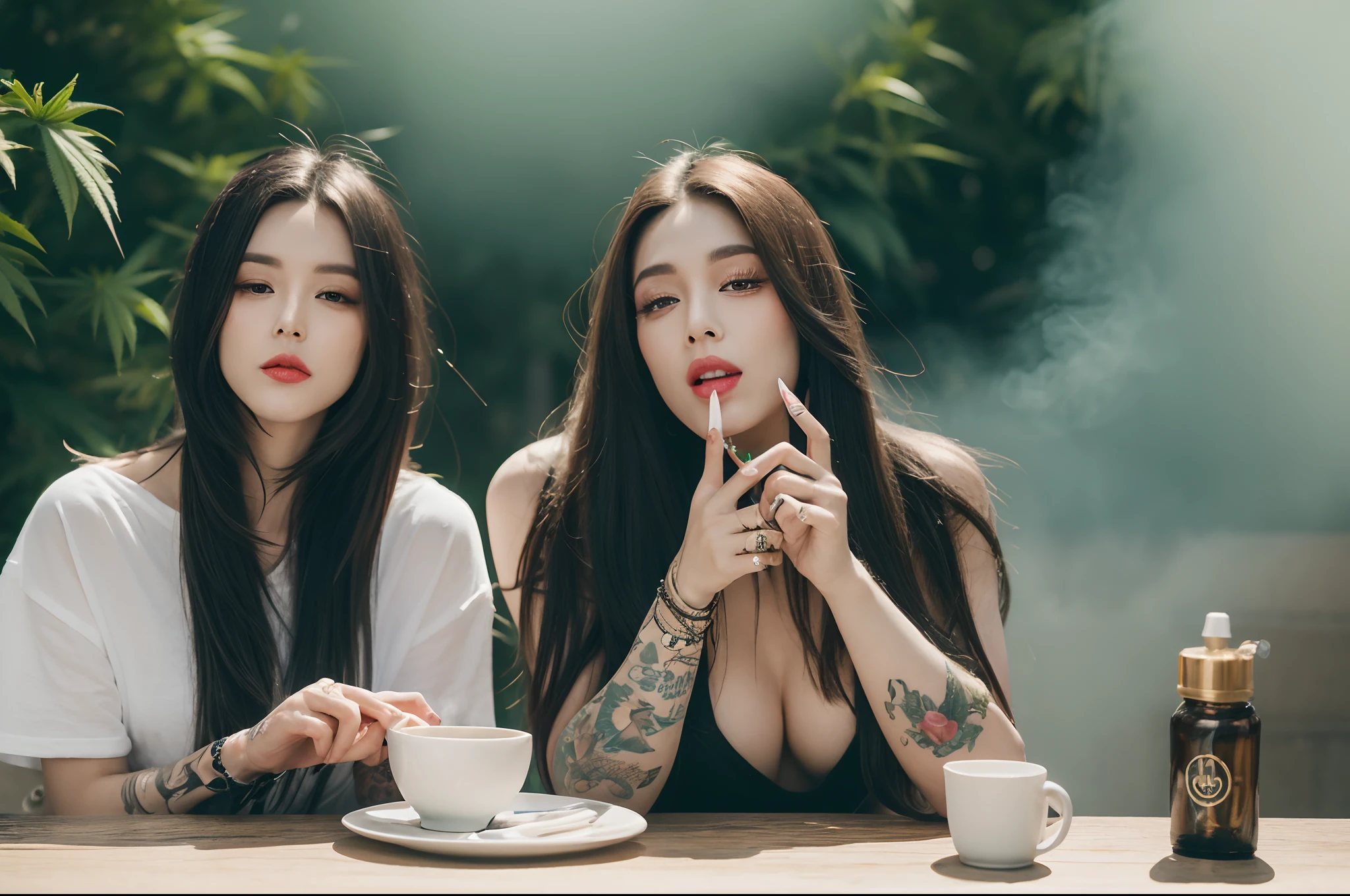 A lot of cannabis on the table、Cannabis buds、Woman smoking cannabis in the park、Massive amount of white smoke from the mouth、Tattoos on the body