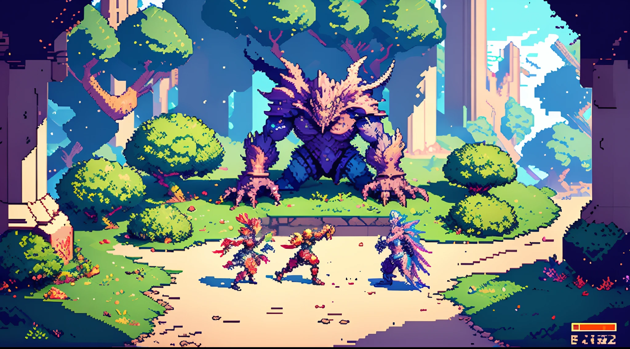 stage monster boss fight scene, jrpg style, intricate details, beautiful, vibrant colors, pixel art