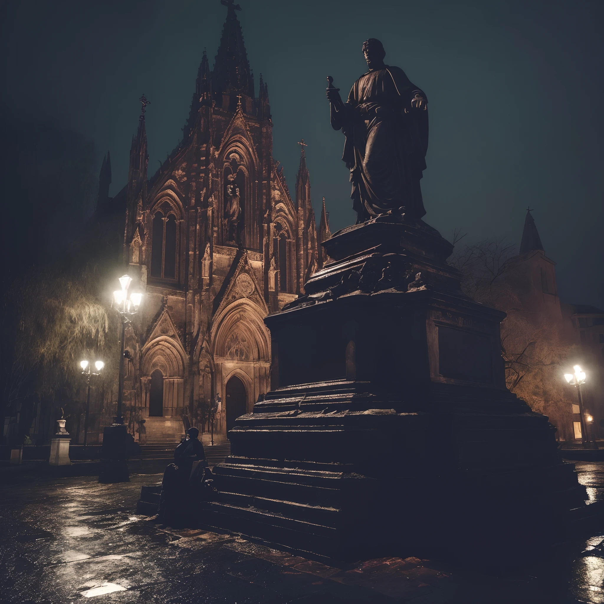 Arafed statue of a man holding a sword in front of a church, igreja escura e sombria, in a city with a rich history, Gothic ambiance, Directed by: Sebastian Spreng, dark gothic cathedral, gothic influence, scary gothic architecture, gothic church background, durante a noite, in the nighttime, gothic architecture, Directed by: Alexander Bogen, Dark Academy Aesthetics;, photo taken at night