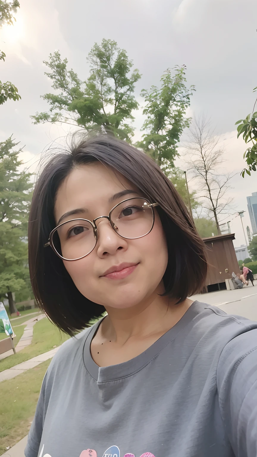 There is a woman wearing glasses taking a selfie in the park, xintong chen, wenfei ye, 8k selfie photograph, Lin Qifeng, 2 8 years old, chengyou liu, Zhang Pengzhen, Li Zixin, xiaofan zhang, Wang Qichao, xiaolong wang, 2 9 years old, 3 2 -  - old