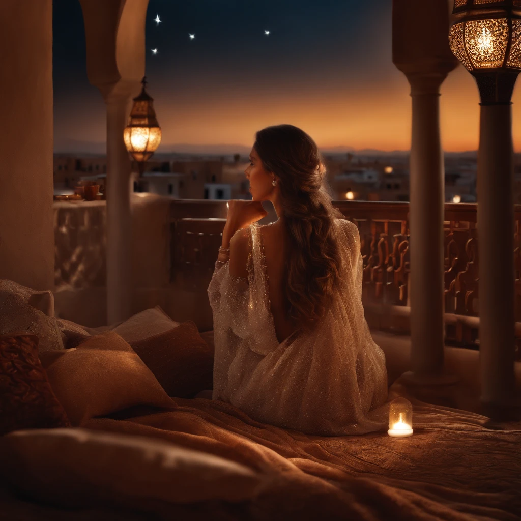 hyper realistic photo, ultra detailed photograph of a beautiful Moroccan rooftop, woman from behind, face hidden, towards view, sobbing, lonely, photorealistic, riad rooftop, Amazigh pillows, Marrakech view, stunning moon, shimmering stars, iridescent, soft breeze, hyperrealism, moroccan lamps, Ultra photoreal, Intricate details, Ultra detailed, elegant photorealistic, great high details, hyper real photo, 8k, extreme quality, gorgeous light roses, exotic, glimmering lights, magical, romantic, riad seating, wishing