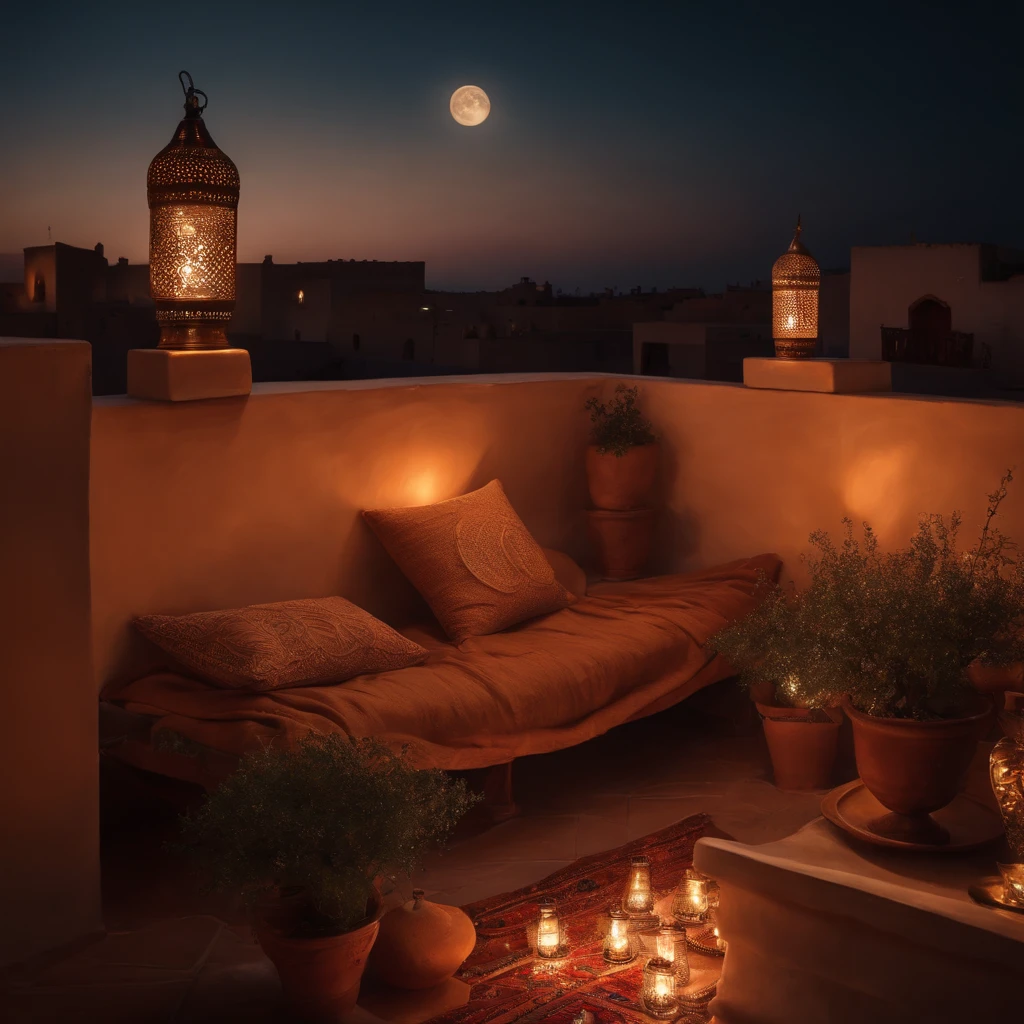 hyper realistic photo, ultra detailed photograph of a beautiful Moroccan rooftop, woman from behind, face hidden, towards view, sobbing, lonely, photorealistic, riad rooftop, Amazigh pillows, Marrakech view, stunning moon, shimmering stars, iridescent, soft breeze, hyperrealism, moroccan lamps, Ultra photoreal, Intricate details, Ultra detailed, elegant photorealistic, great high details, hyper real photo, 8k, extreme quality, gorgeous light roses, exotic, glimmering lights, magical, romantic, riad seating, wishing