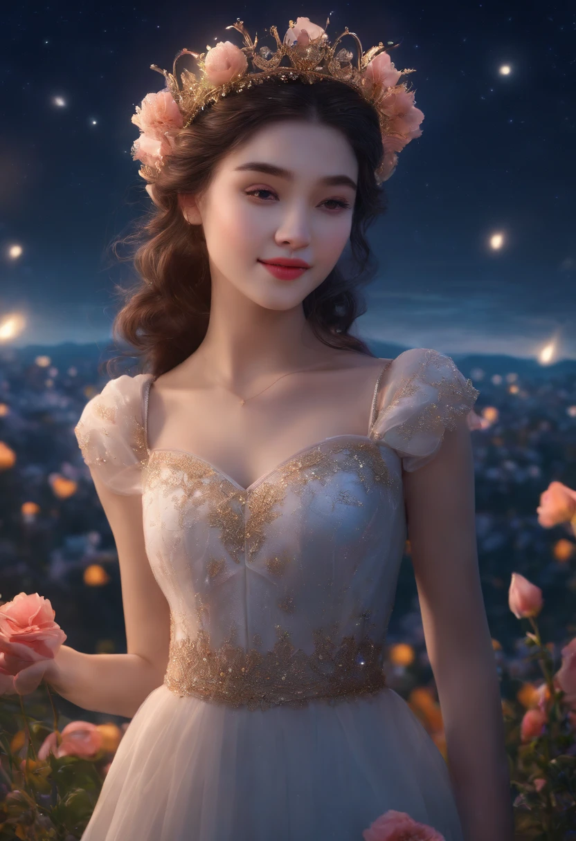 Best quality, High_Resolution, distinct_image, Detailed background ,Girl, random wear,flower, Night sky,Dutch angle, Wide shot,Shy smile, crown,