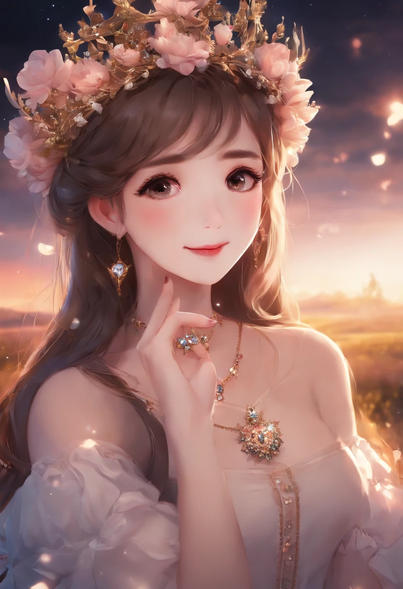 Best quality, High_Resolution, distinct_image, Detailed background ,Girl, random wear,flower, Night sky,Dutch angle, Wide shot,Shy smile, crown,