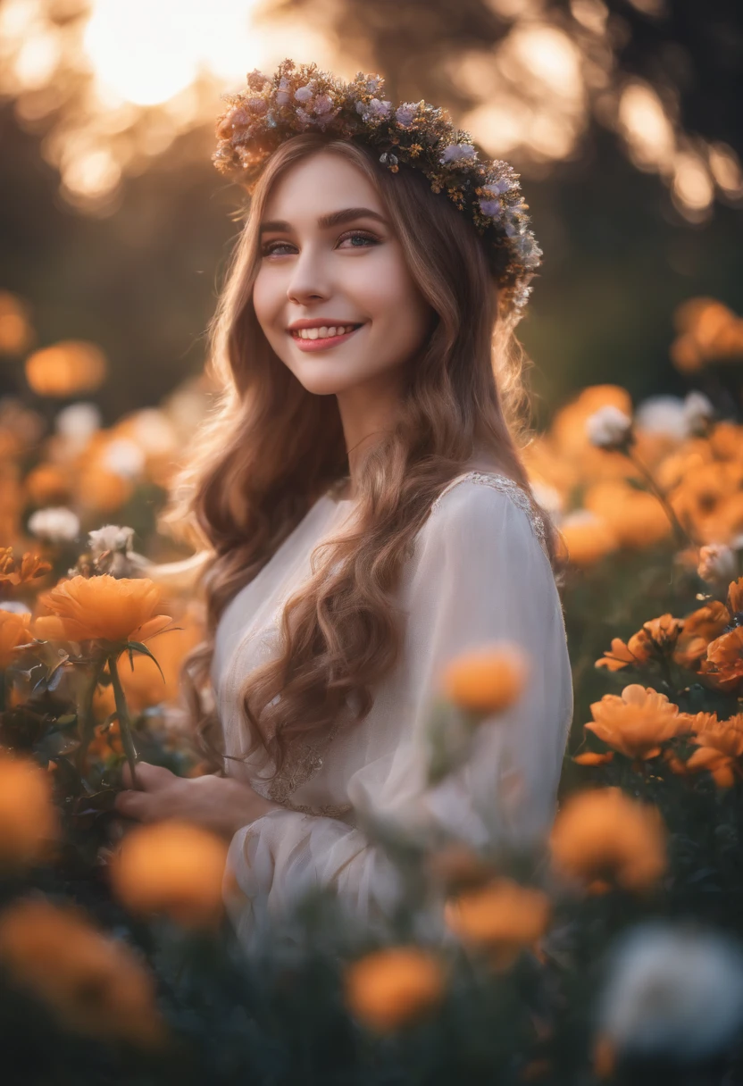Best quality, High_Resolution, distinct_image, Detailed background ,Girl, random wear,flower, Night sky,Dutch angle, Wide shot,Shy smile, crown,