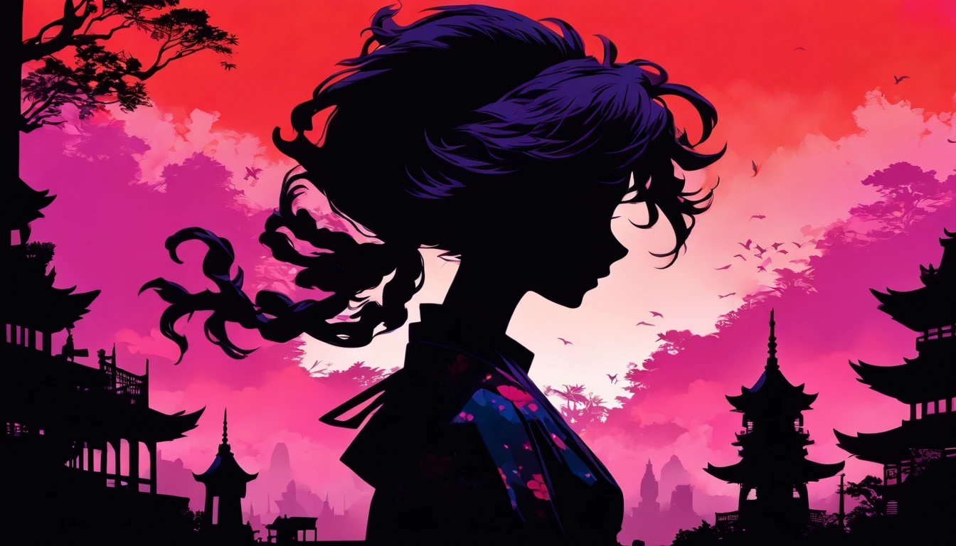 (Silhouette Art,cutouts:1.6)
(((Paper cutting art,A world where only black exists:1.3)
(Cowboy Shot),1 girl,Solo,
(Kimono Girl,profile:1.2),white, Clear and beautiful face,
BREAK
(Purple Moon、Red Fort、Blue clouds、)
Textured glass background,