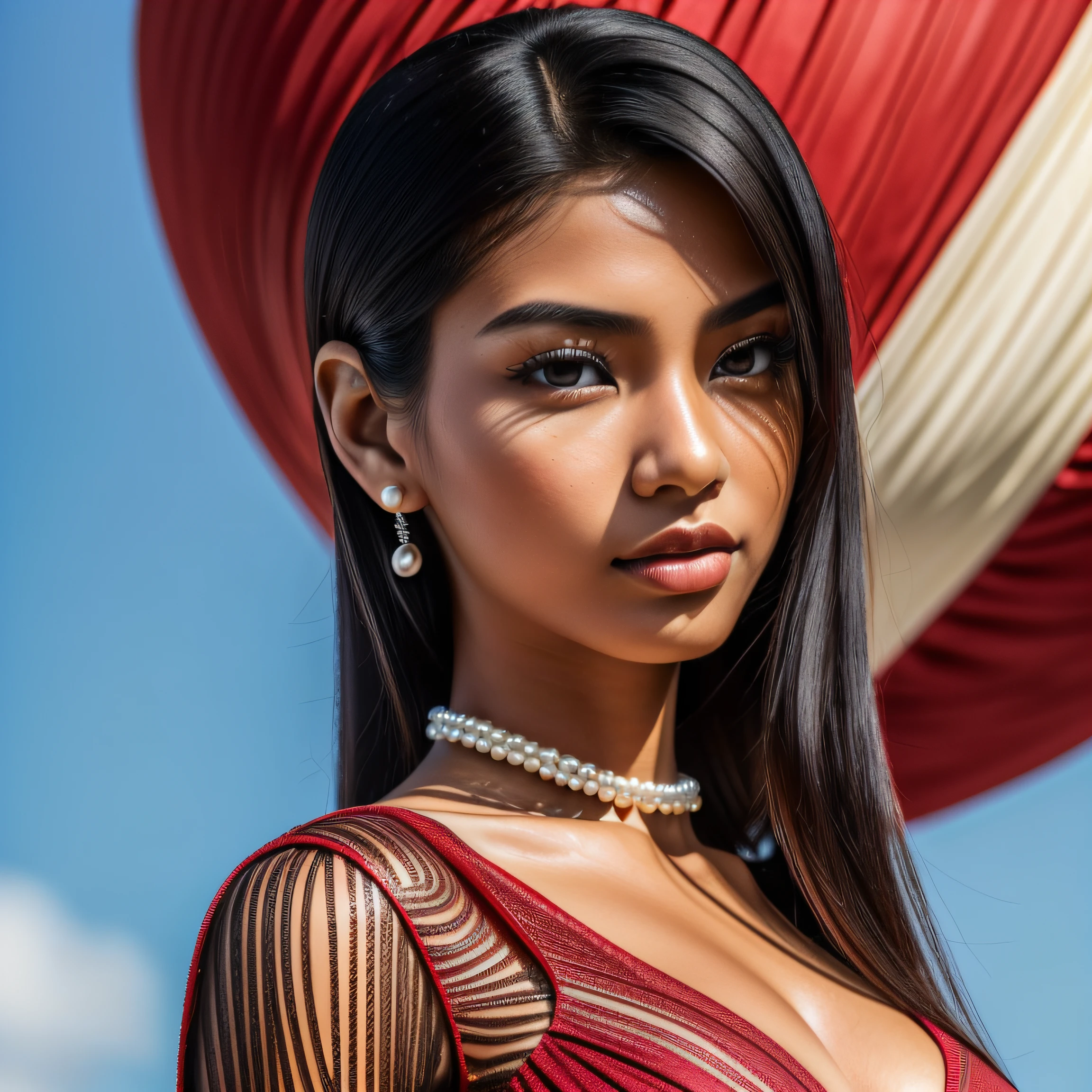 Masterpiece, (((full body shot view))), ((1 girl solo)), (one beautiful (Indonesian:0.8)-(Spanish:0.2) girl (looking at camera:1.5)), (((Risyana Devita))), 20 years old, breathtaking beauty, natural beauty, perfect and delicate face, detailed facial features, beautiful brown eyes, detailed eyes, soft lips, (long dark-black hair:1.5), (tall figure:1.5), (athletic body), (large breasts), cleavage breasts, pearl skin, (skin pores:0.7), extremely detailed face and skin texture, (skin texture:1.1), beautiful long legs, standing model pose, with a bright background, (wearing a ((true-red) sexy Pouf Dress), extremely detailed and realistic clothes, (sharp focus), 8k uhd, best quality, ultra-detailed, realistic, colorful tones, natural lighting, clean lines, vibrant colors, modern art style, high-res, professional-grade, textured finish, contrasting elements, dynamic composition, lifelike texture, precise details, expert craftsmanship, layered colors, stunning visuals, exquisite artwork, (depth of field),