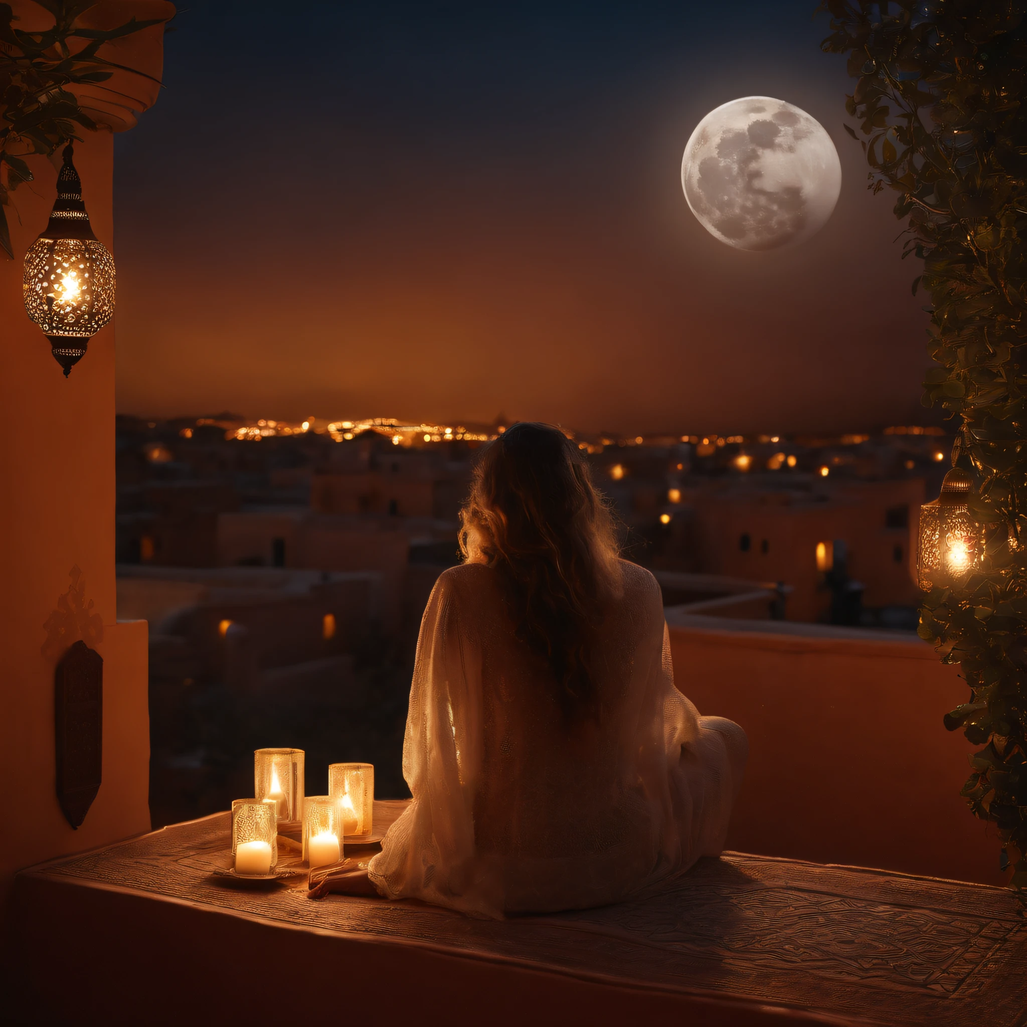 hyper realistic photo, ultra detailed photograph of a beautiful Moroccan rooftop, woman from behind, face hidden, towards view, sobbing, lonely, photorealistic, riad rooftop, Amazigh pillows, Marrakech view, stunning moon, shimmering stars, iridescent, soft breeze, hyperrealism, moroccan lamps, Ultra photoreal, Intricate details, Ultra detailed, elegant photorealistic, great high details, hyper real photo, 8k, extreme quality, gorgeous light roses, exotic, glimmering lights, magical, romantic, riad seating, wishing