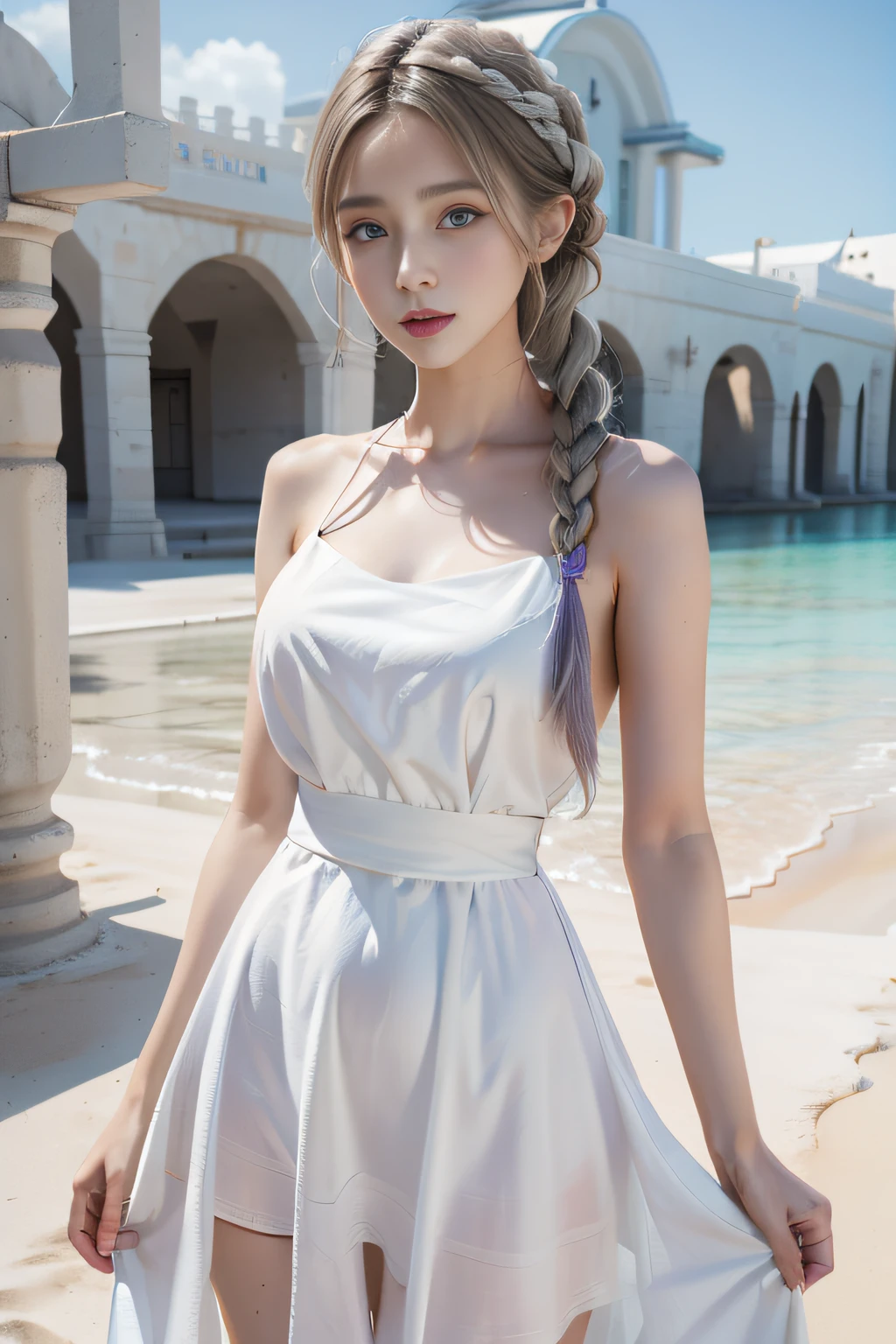 1girl,highres, high quality, masterpiece, mxmkWhiteDress, bare shoulder, purple eyes, white dress, braid, chocker, beach