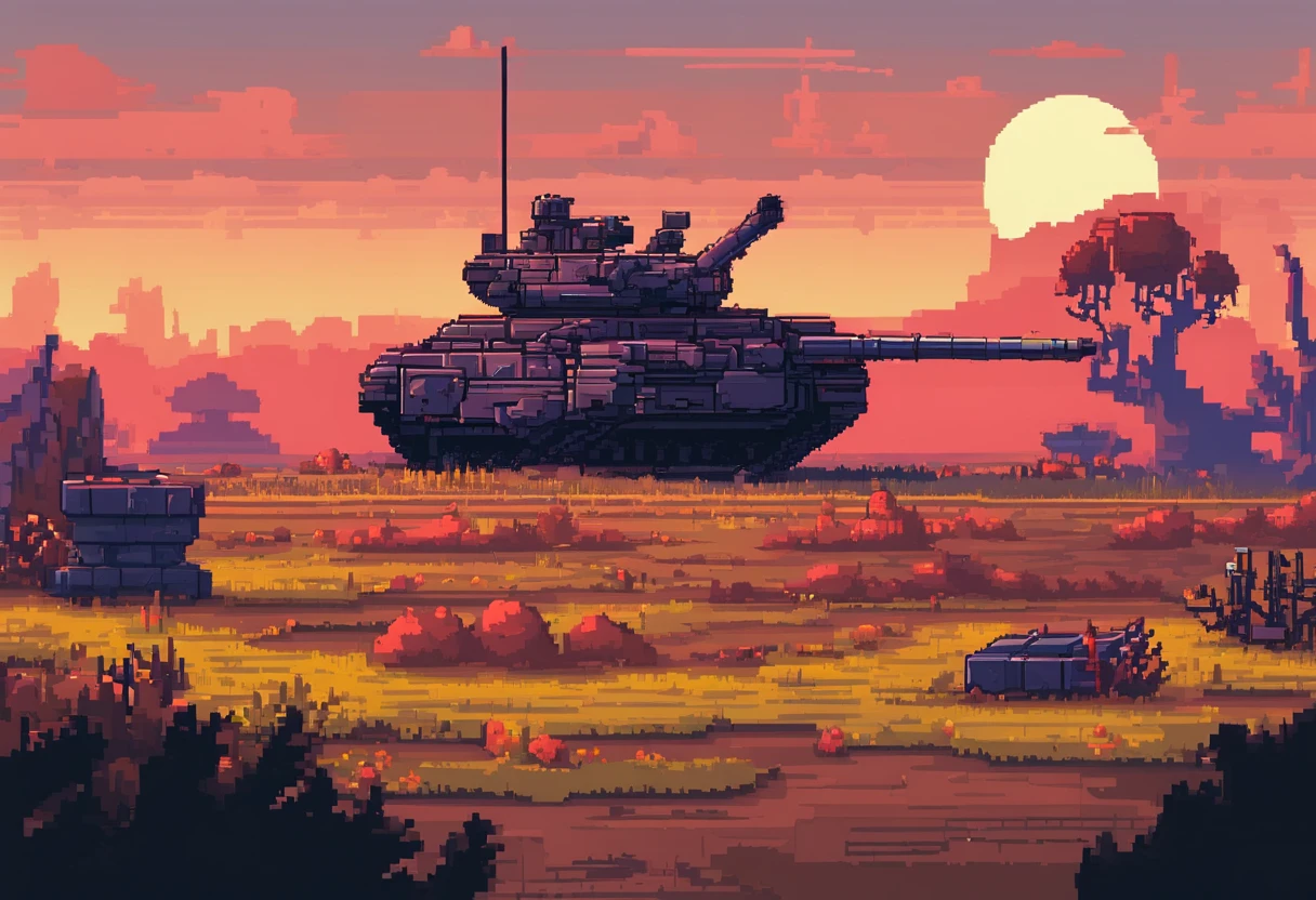 Pixel Art Battlefield Landscape. evening. 3D pixel art 4K wallpaper. Incredible pixel art details. Pixel art. ruins. crater、Tank wreckage、Wreckage of a fighter