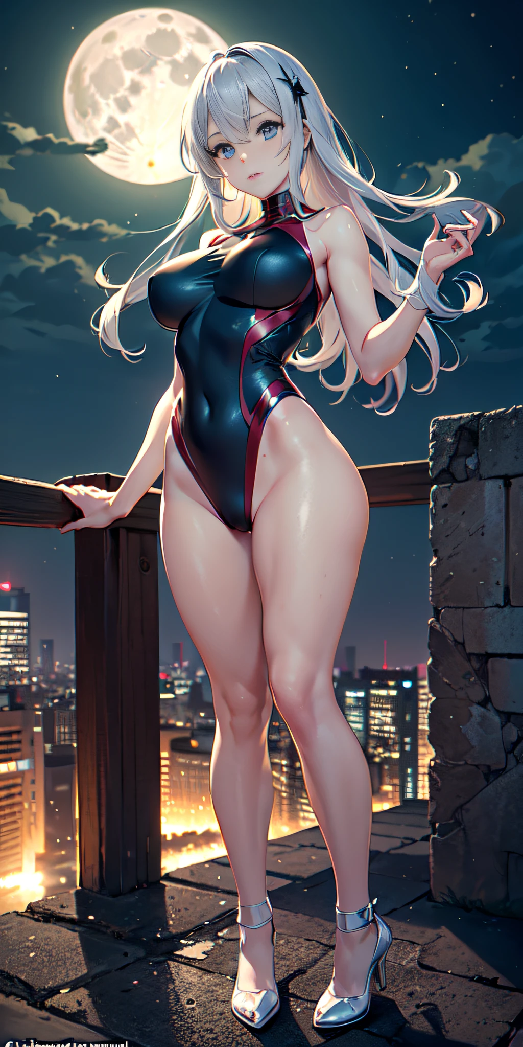 anime, anime profesional, (Masterpiece, 4k resolution, ultra realistic, very detailed), (black + fluorescent green superhero theme, charismatic, there is a girl at the top of the city, dressed in the Spider-Man costume, she is a superheroine), [ ((25 years), (long white hair: 1.2), slim build, full perfect body, (blue eyes: 1.2), ((very daring pose), (cityscape, at night, dynamic lights), (full moon)))]