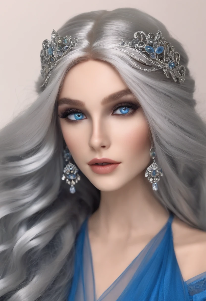 pixar styled. moon princess. long straight silver hair. silver moon hair clips. blue eyes. blue dress.