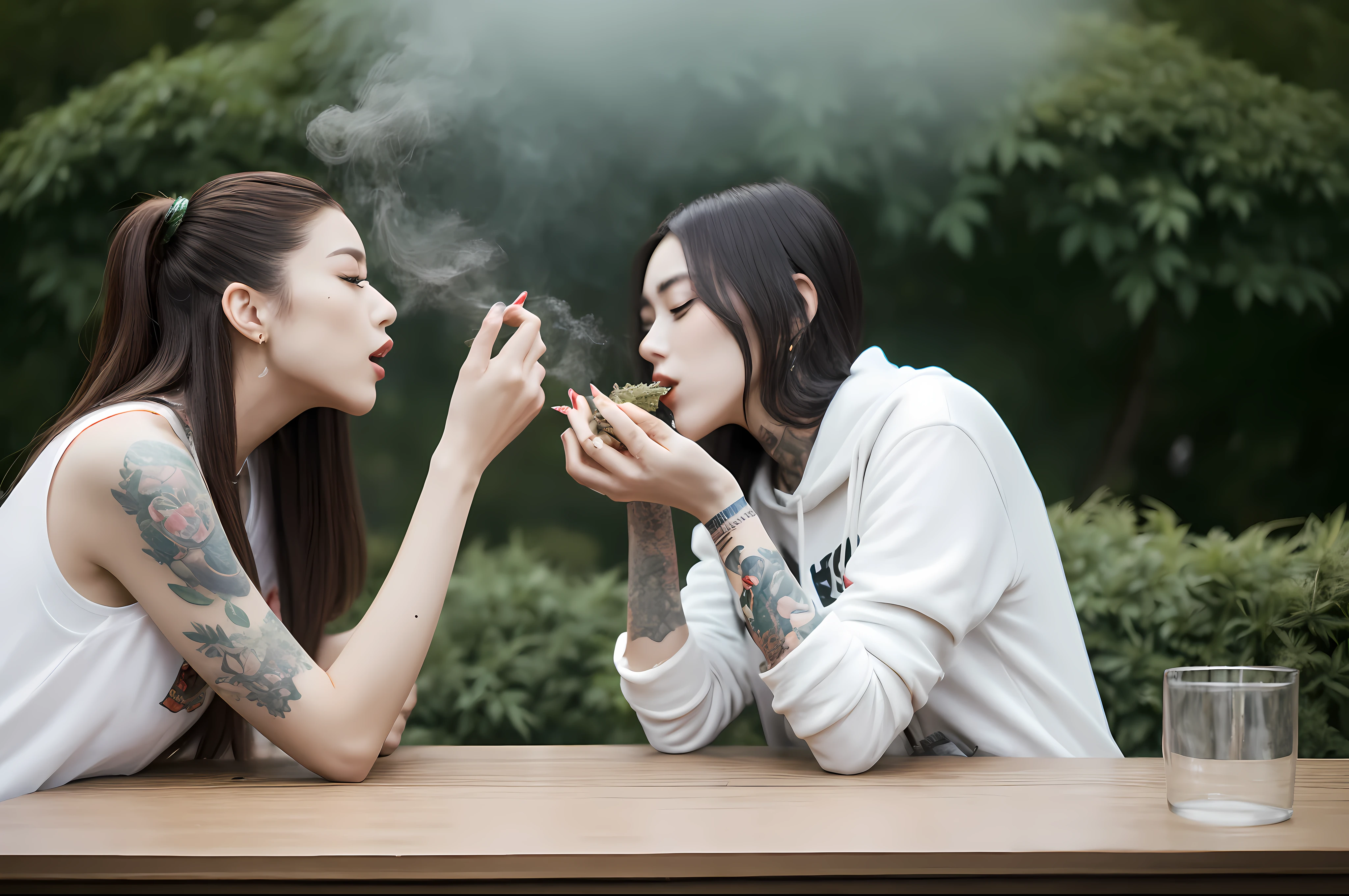 A lot of cannabis on the table、Cannabis buds、Woman smoking cannabis in the park、Massive amount of white smoke from the mouth、Tattoos on the body