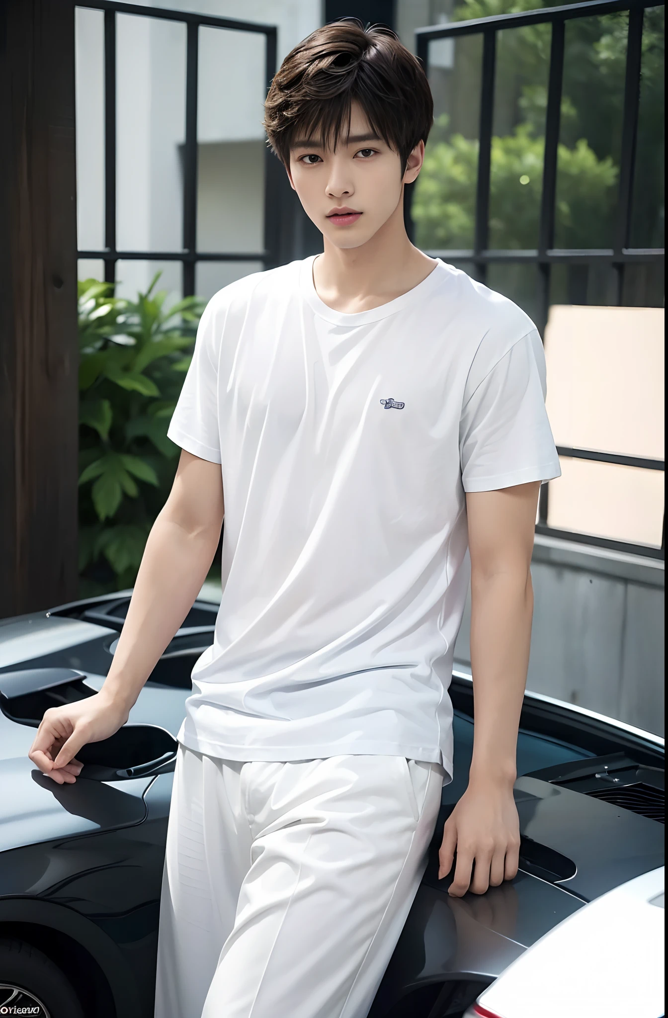 (Full body:1.2)、((top-quality、​masterpiece、photographrealistic:1.4、in 8K))、Cool Asian Men１a person、25 years old、Well-formed face、Eyes and faces with detailed、Beautiful lighting、Textured skin、Super Detail、high detailing、High quality、hight resolution、（looking at the viewers）、Opening Mouth、Detailed mouth、(Wear a plain T-shirt:1.2)