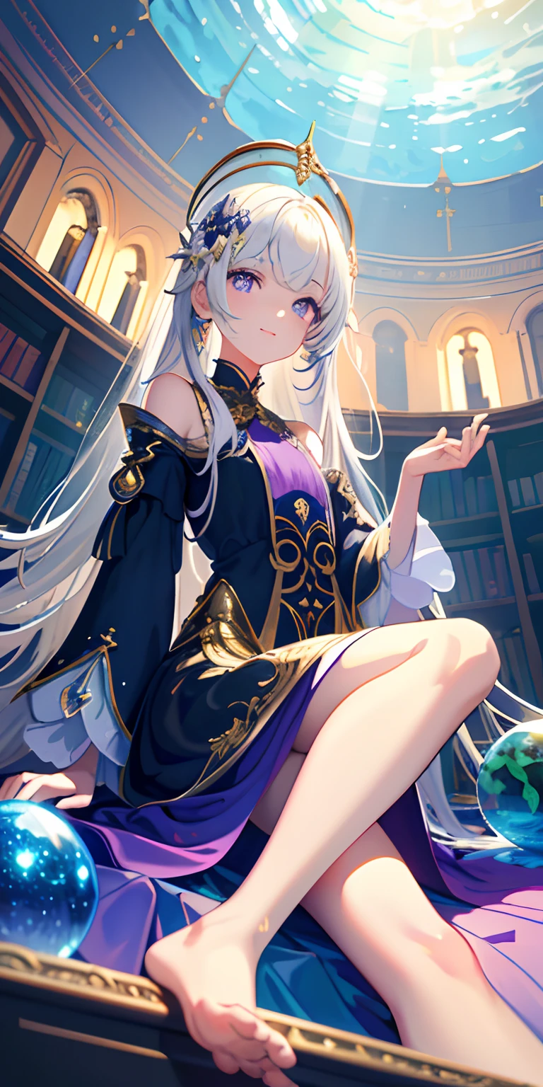[(Transparent background:1.5)::5],(((Masterpiece))),(((Best quality))),(((Extremely detailed))),illustration, 1girll,Solo,mysterious,vivd colour,Shiny, Underwater transparent sealed hemispherical glass dome, (White hair),(Purple eyes), full bodyesbian,Barefoot,Long hair tranquility nature, Koi,Underwater, Dome,Close up,Dynamic actions,Lens perspective,(((Box composition))),sitting cross-legged，Leaning against the bookshelf, voluminetric lighting, multi colored eyes, Detailed eyes, ultra - detailed,Light smile, Highly detailed, Beautiful, small detailed, Ultra detailed, Best quality, Intricate, 4K, 8K, trending on artstationh, Good anatomy, Beautiful lighting, Award-winning,
