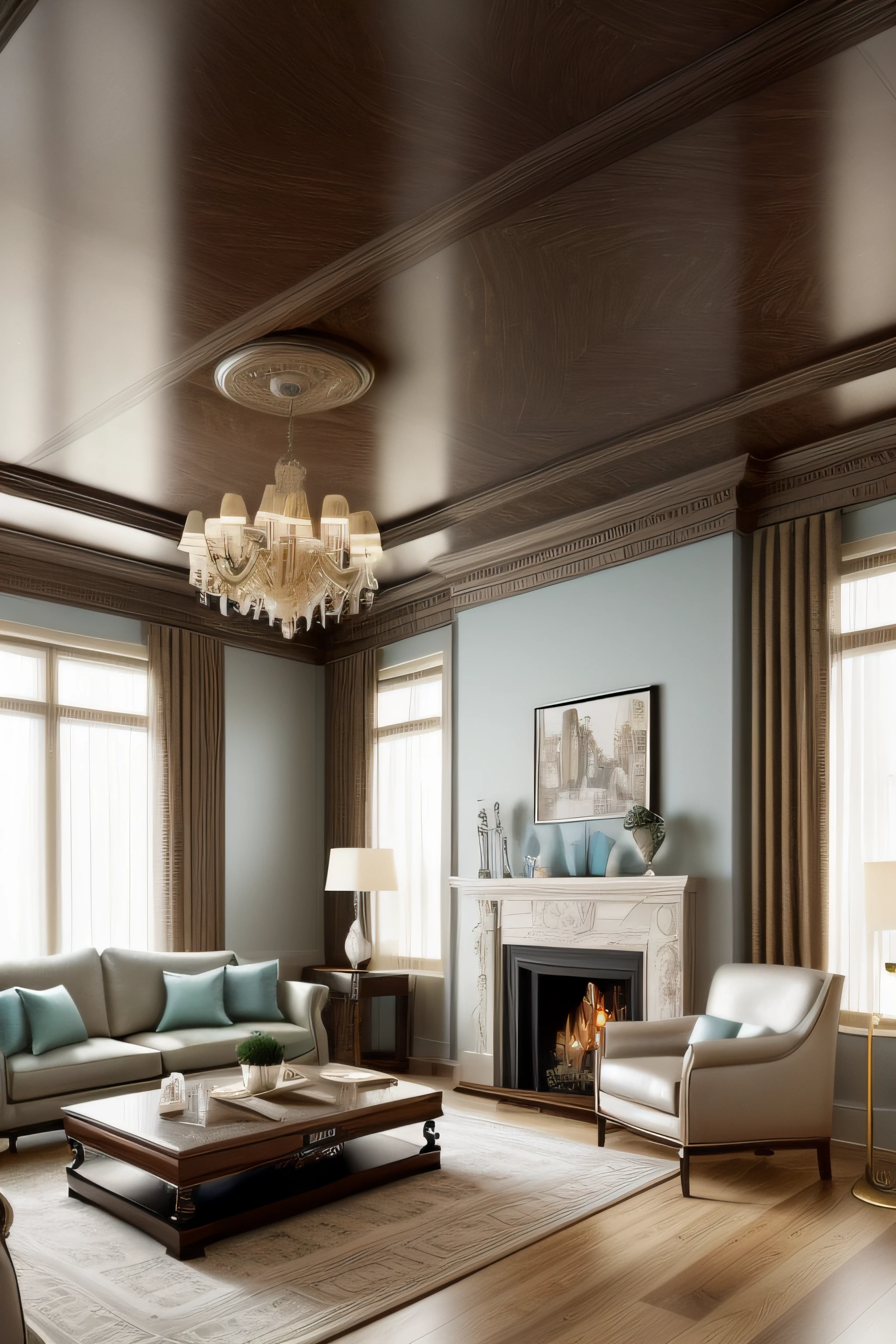 Please generate a detailed and unique image of the living room in a classic-style Duplex apartment. The room should exude classic elegance with ornate moldings and pale gray walls providing a subtle backdrop. The furniture should feature warm and bright natural wood tones, accentuating the wood's rich grain patterns. The floor should consist of opulent tiles or luxurious marble cladding with cloud-like patterns. Incorporate both modern LED lighting and a contemporary chandelier to create a well-lit space.
The sofa, preferably made from natural leather or suede, should complement the natural wood grain and enhance the overall ambiance. Thoughtful consideration should be given to the selection of wall paint and curtain colors to accentuate the interior while maintaining harmony. Emphasize the presence of natural light, which enhances the beauty of the wood and contrasts with the interior colors.
Additionally, introduce a unique twist with symmetrical black natural stone cladding to add a touch of contrast and sophistication. Include decorative elements in pastel blue, moss green, deep plum, and other standout colors to create a focal point.
Please ensure that the room radiates an atmosphere of classic luxury, comfort, and creativity, where the interplay of natural light and contrasting interior elements creates a stunning representation of the classic Duplex apartment living room