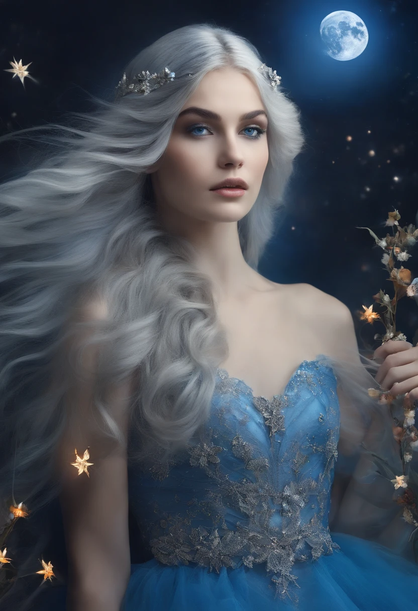 Multiple exposure, vivid color, star, flower,moon princess. long straight silver hair. silver moon hair clips. blue eyes. blue dress.