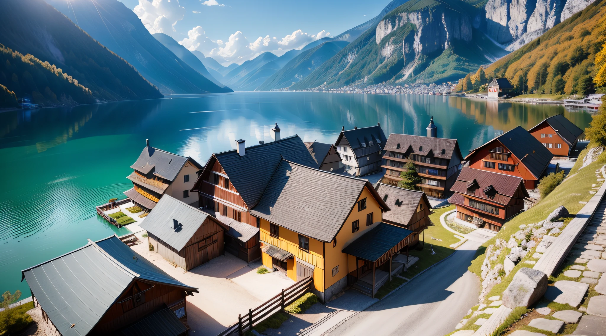 RAW photos，8k，extreme hight detail，photoreali，Hallstatt，and the sun was shining brightly，Sunny，夏天