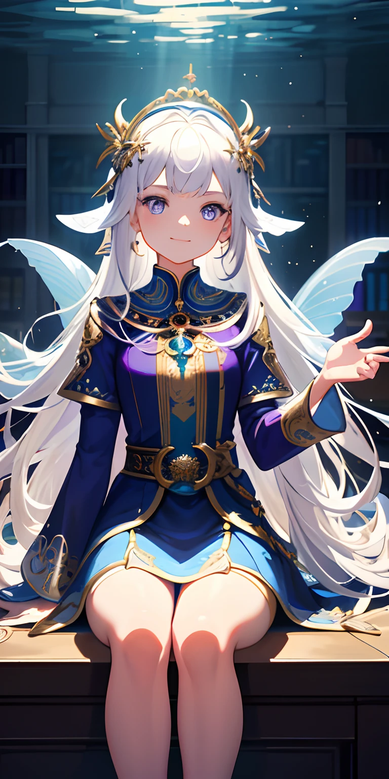 [(Transparent background:1.5)::5],(((Masterpiece))),(((Best quality))),(((Extremely detailed))),illustration, 1girll,Solo,mysterious,vivd colour,Shiny, Underwater transparent sealed hemispherical glass dome, (White hair),(Purple eyes), full bodyesbian,Barefoot,Long hair tranquility nature, Koi,Underwater, Dome,Close up,Dynamic actions,Lens perspective,(((Box composition))),sitting cross-legged，Leaning against the bookshelf, voluminetric lighting, multi colored eyes, Detailed eyes, ultra - detailed,Light smile, Highly detailed, Beautiful, small detailed, Ultra detailed, Best quality, Intricate, 4K, 8K, trending on artstationh, Good anatomy, Beautiful lighting, Award-winning,