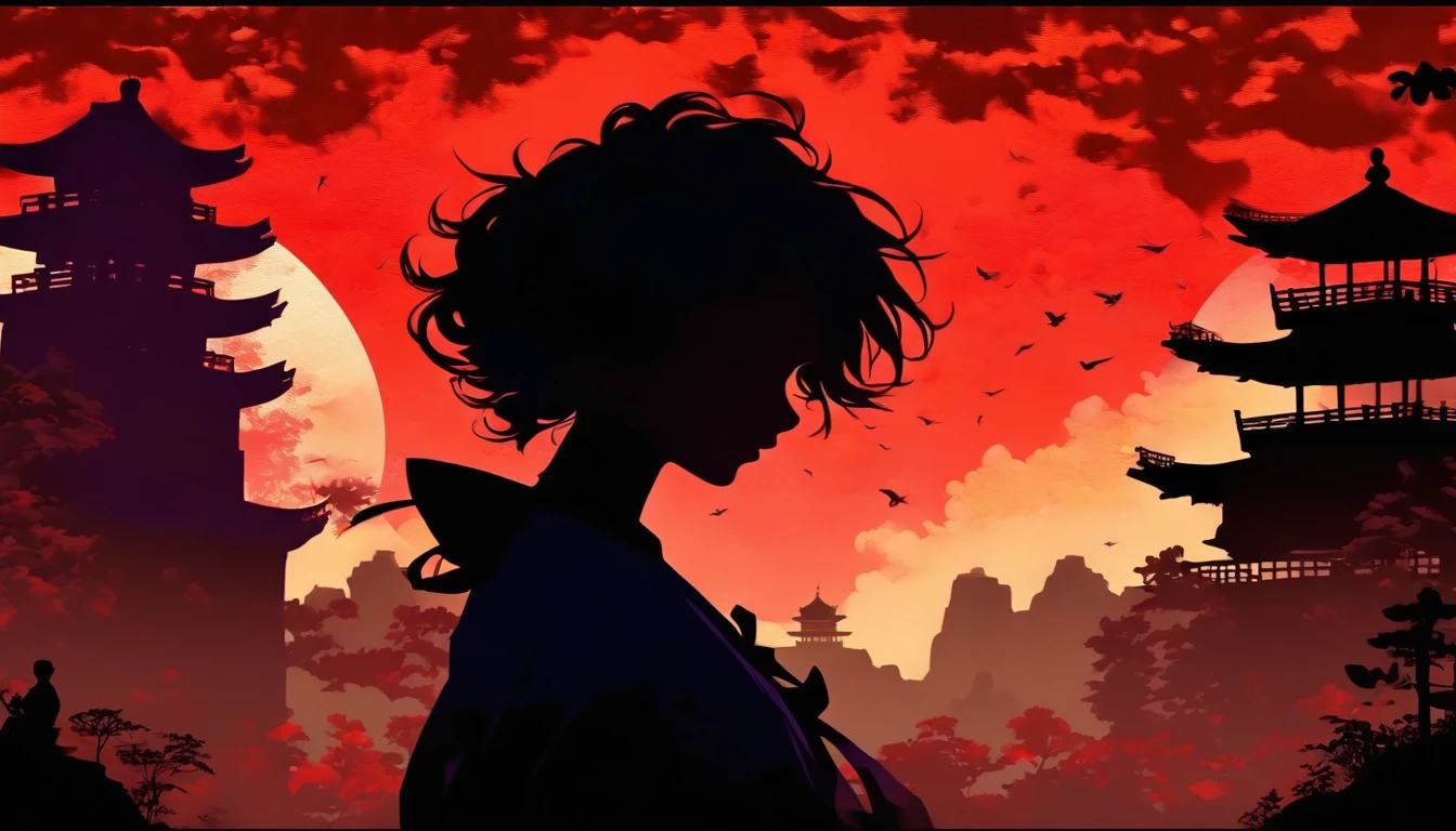 (Silhouette Art,cutouts:1.6)
(((Paper cutting art,A world where only black exists:1.3)

(Cowboy Shot),1 girl,Solo,
(Kimono Girl,profile:1.2),white, Clear and beautiful face,

BREAK
(Purple Moon、Red Fort、Blue clouds、)
Textured glass background,