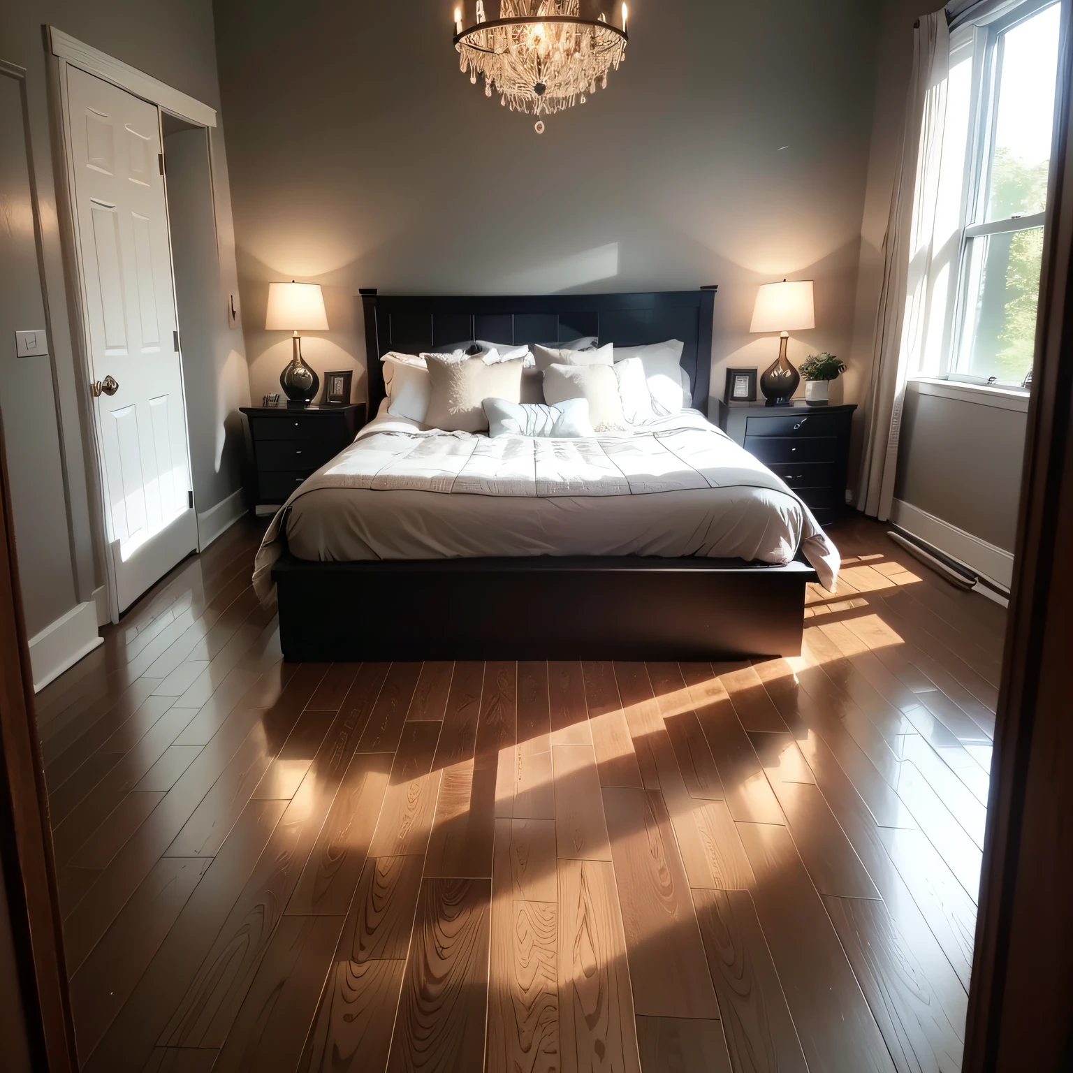 dark wood floor bedroom with  Reflective Elegance