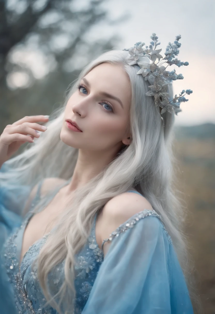 multiple exposure, vivd colour, Star, flower,Moon Princess. long straight silver hair. Silver Moon Hairpin. Blue eyes. Blue dress.