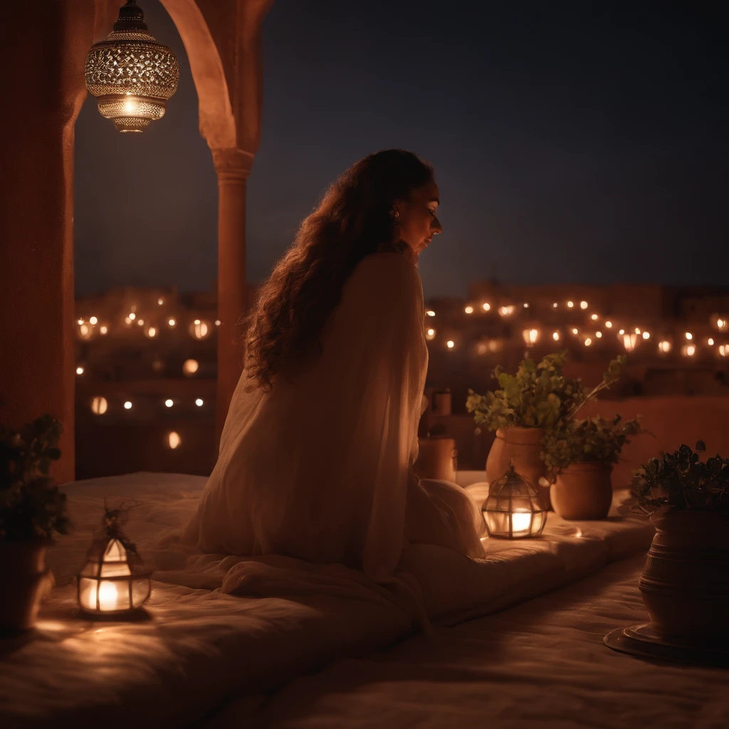 hyper realistic photo, ultra detailed photograph of a beautiful Moroccan rooftop, woman from behind, face hidden, towards view, sobbing, lonely, photorealistic, riad rooftop, Amazigh pillows, Marrakech view, stunning moon, shimmering stars, iridescent, long hair in soft breeze, hyperrealism, moroccan lamps, Ultra photoreal, Intricate details, Ultra detailed, elegant photorealistic, great high details, hyper real photo, 8k, extreme quality, gorgeous light roses, exotic, glimmering lights, magical, romantic, riad bed on roof, wishing
