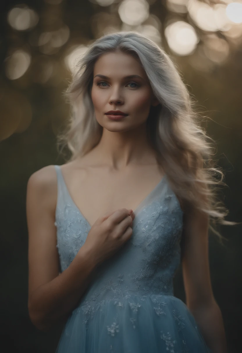 multiple exposure, vivd colour, Star, flower,Moon Princess. long straight silver hair. Silver Moon Hairpin. Blue eyes. Blue dress.