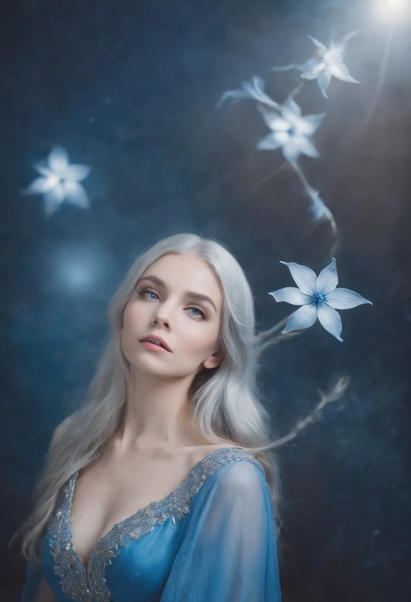 multiple exposure, vivd colour, Star, flower,Moon Princess. long straight silver hair. Silver Moon Hairpin. Blue eyes. Blue dress.