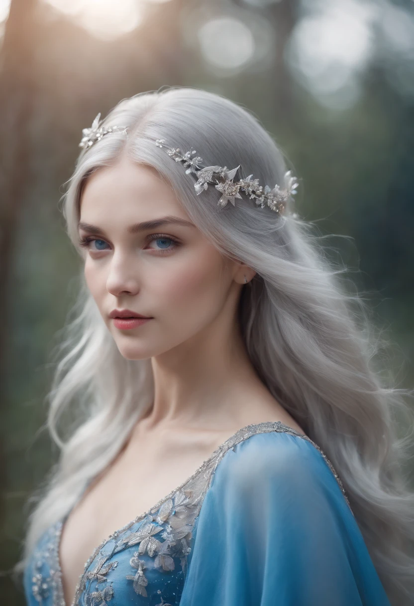 multiple exposure, vivd colour, Star, flower，Moon Princess. long straight silver hair. Silver Moon Hairpin. Blue eyes. Blue dress.