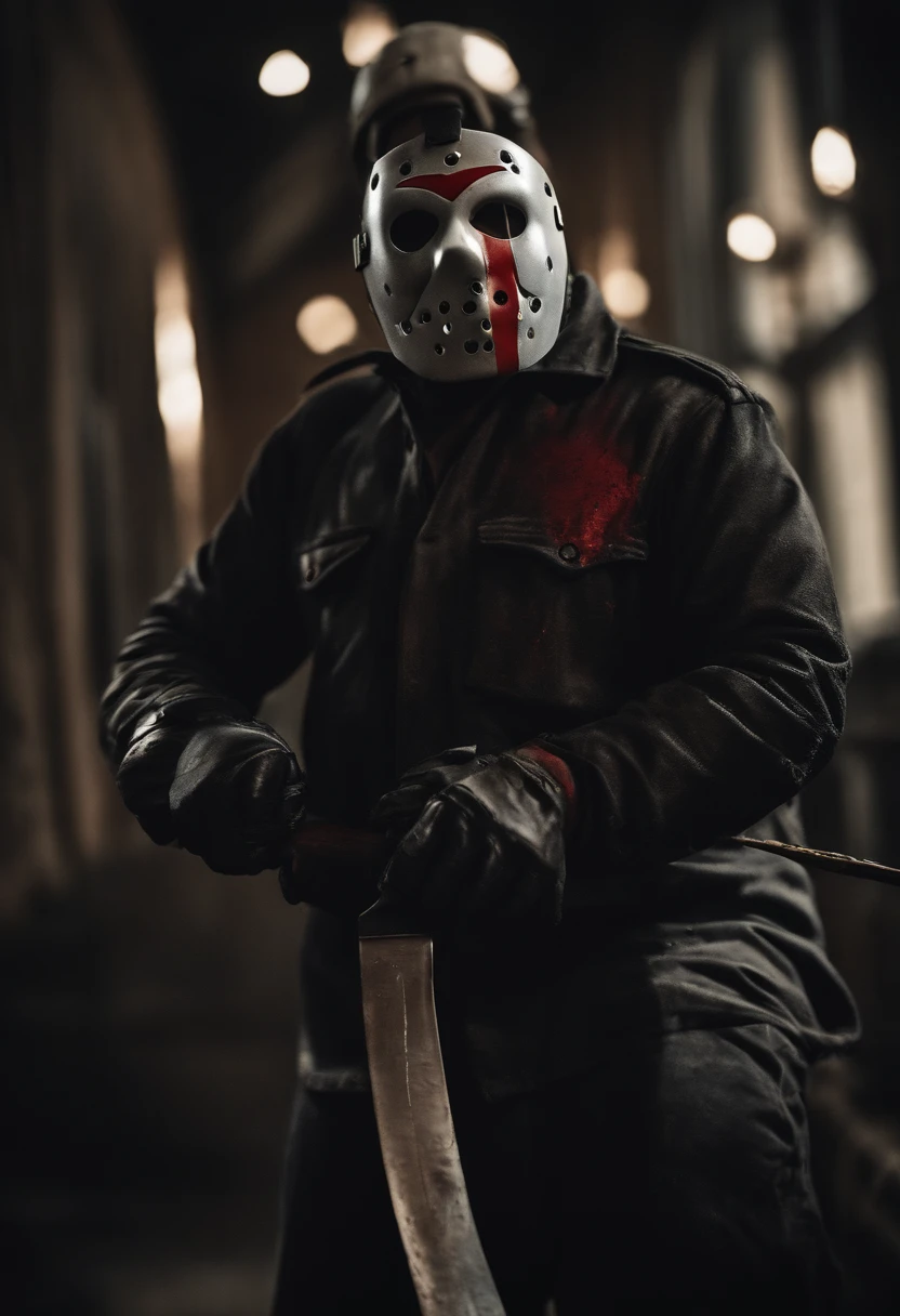 recrie jason vorris cheio de sangue, scars with his scary hockey mask with a knife in his hand
