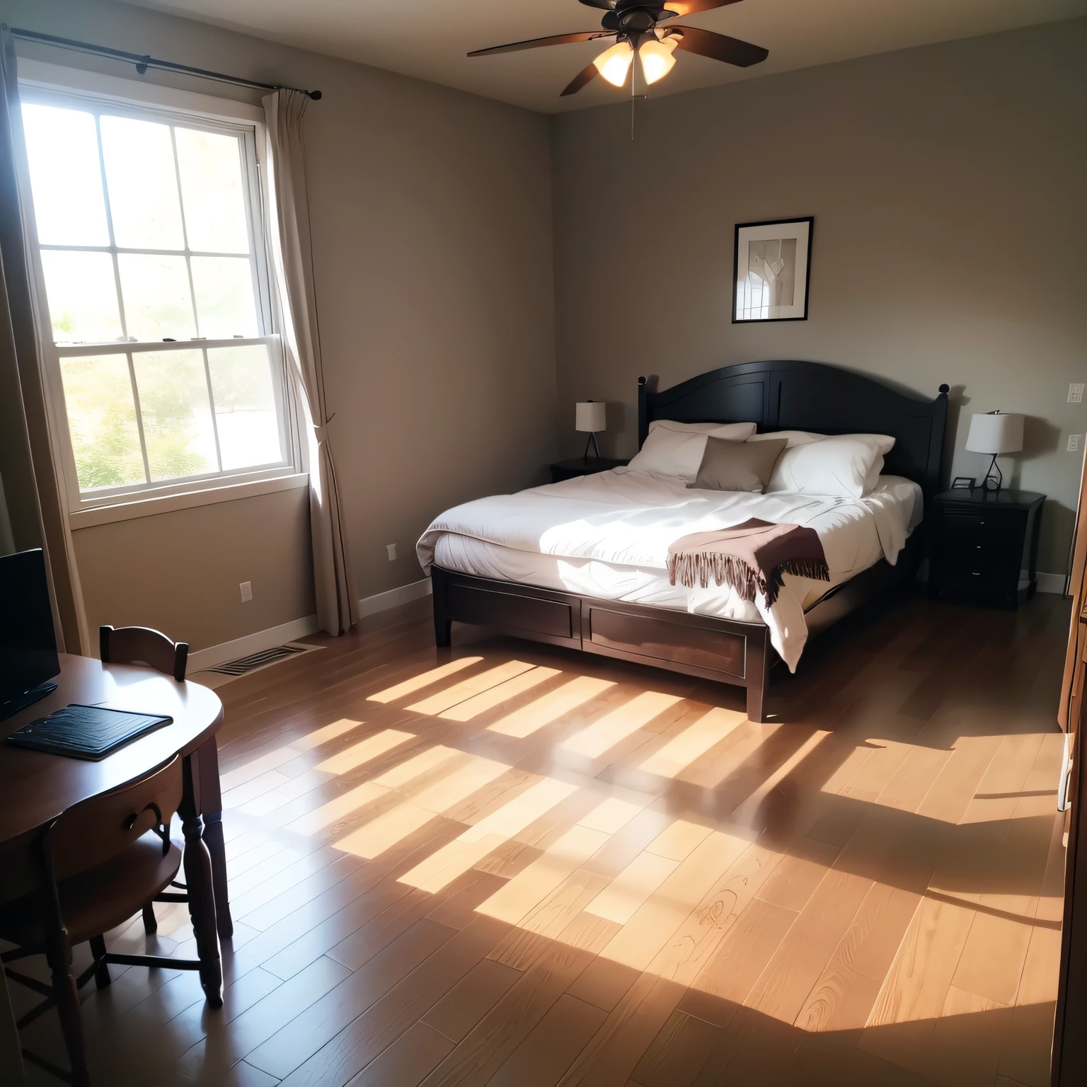 dark wood floor bedroom with  Additional Furnishings