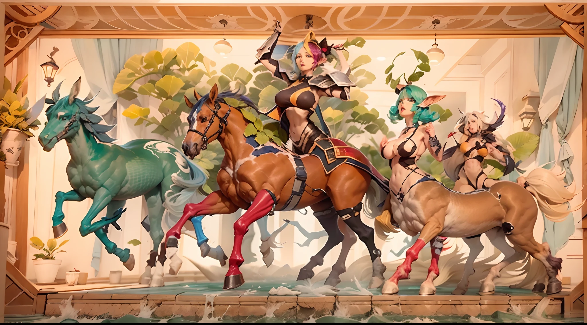 In the beautiful illustration of this super-grand scene,The ultra-distant lens shows us(Over eight separate and distinctive centaur characters:9.9),They all have their own characteristics,Vivid and interesting。Radiant from the heavens(Angelic centaurs:6.6),To nightmarish is(Centaurs surrounded by flames:6.6)、And then to the wind dancing in the air(Fairy centaurs:6.6)、And thunder and lightning surrounding(One-horned centaur:6.6),and shining metallic ones(Mechanical style centaur:6.6)、And then(A centaur with colorful dragon scales covering the whole body:6.6)The power is powerful、Elegant and agile(Elf centaur's slenderness:6.6)Gracefully wears a flower crown、Enchanting and charming(Tiflin centaurs:6.6)、Have the indescribable(Raised sexy:6.6)'s(Succubus centaurs:6.6)。Each character has their own unique charms and abilities。The illustration uses advanced artistic techniques and tools,(Divide the scene into sections by geometric arrangement:9.9),Each section corresponds to a centaur character,This makes more efficient use of space。Through Midjourney's advanced brush tools、Color palette、Material packs and model packs、Texture tools,For each centaur, beautiful props are designed to increase racial characteristics、Clothing and physical features,(Enhances the character's personality and visual appeal:2.5),The scenery in the illustrations is stunning,There are changing skies、rainbowing、extreme light、Stars and Moon。Incorporating iconic landmarks such as Mount Everest,and fireworks、tranquil lake、Natural and urban elements of waves and neon lights,Creates a magical atmosphere,The centaurs display their unique abilities and equipment in a variety of environments,This is true even in extreme alien landscapes。(Use Midjourney's tools、Material packs、Texture tools、The color palette makes depicting details vivid and realistic:9.9),From complex hairstyles and as well as different racial traits、Body、Appearance features、Clothing to real textures,This greatly enhances the realism of the cha