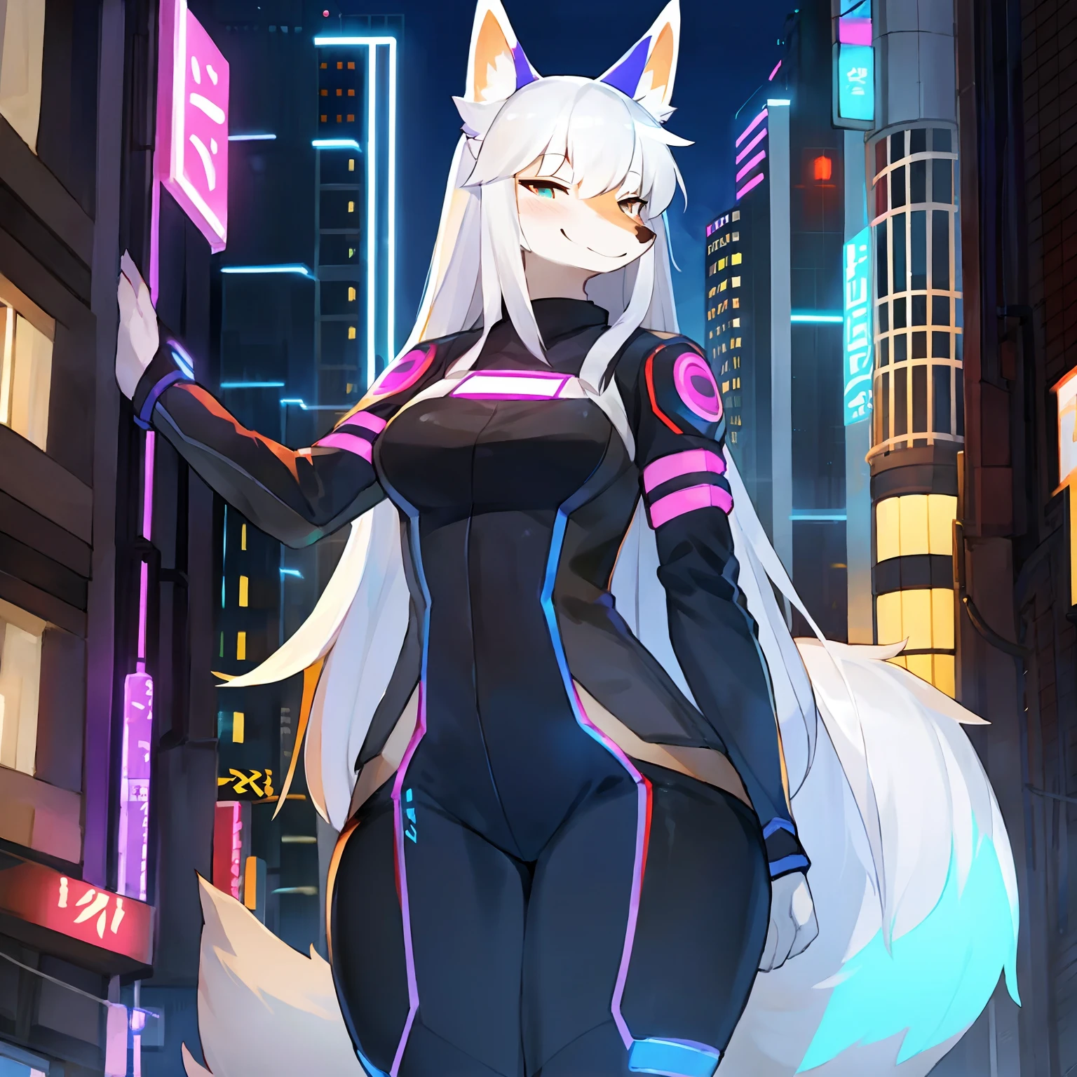 A Girl with 2 Heads, white Furry Wolf girl, black white, cat yellow eyes, Black sclera, white hair, cyberpunk outfit, jacket, robot parts, thicc, hight details, busty, fangs, in the streets, leaning against a cyberpunk motorcycle,