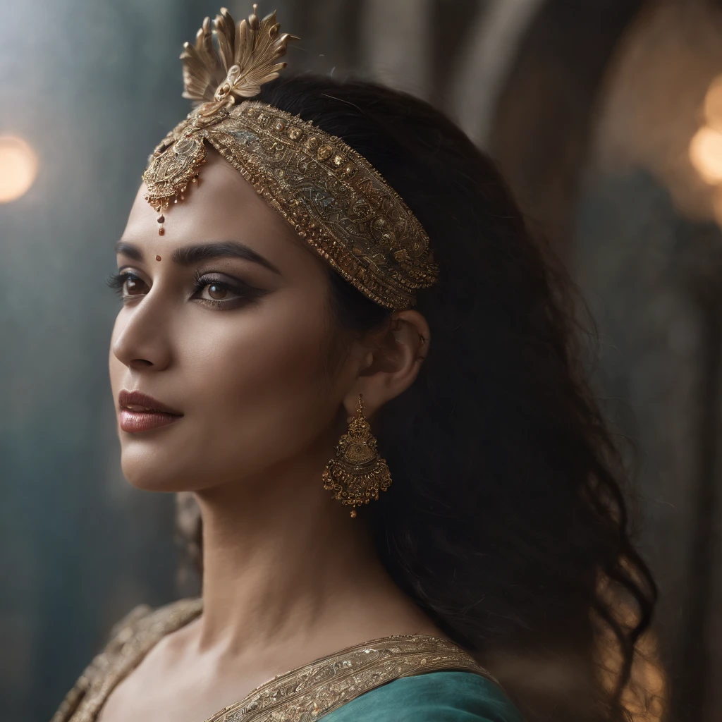 Best quality, Masterpiece, 超高分辨率, (photograph realistic:1.4), Indian cybernetic  humanoid goddess ,surrealism, Dream-like, fusionart, Indian goddess  mystical humanoids, dark ethereal magic, humanoid dream control, cybernetic stealth, shadow step, dark machine spells, crystal razor blade
