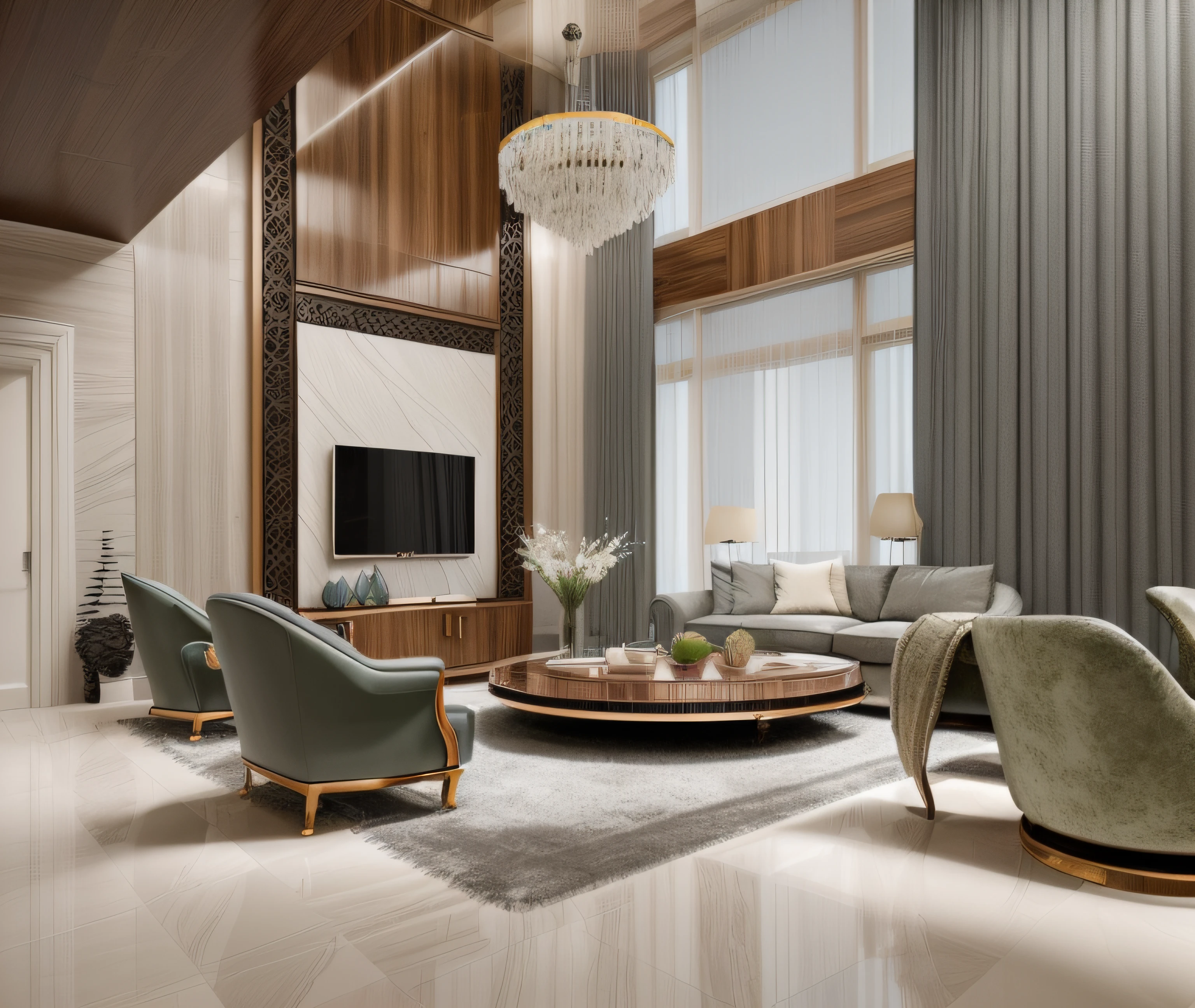 RAW photo, interior classic style, (high detailed skin:1.2), 8k uhd, dslr, soft lighting, high quality,Please generate a detailed and unique image of the living room in a classic-style Duplex apartment. The room should exude classic elegance with ornate moldings and pale gray walls providing a subtle backdrop. The furniture should feature warm and bright natural wood tones, accentuating the wood's rich grain patterns. The floor should consist of opulent tiles or luxurious marble cladding with cloud-like patterns. Incorporate both modern LED lighting and a contemporary chandelier to create a well-lit space. The sofa, preferably made from natural leather or suede, should complement the natural wood grain and enhance the overall ambiance. Thoughtful consideration should be given to the selection of wall paint and curtain colors to accentuate the interior while maintaining harmony. Emphasize the presence of natural light, which enhances the beauty of the wood and contrasts with the interior colors. Additionally, introduce a unique twist with symmetrical black natural stone cladding to add a touch of contrast and sophistication. Include decorative elements in pastel blue, moss green, deep plum, and other standout colors to create a focal point. Please ensure that the room radiates an atmosphere of classic luxury, comfort, and creativity, where the interplay of natural light and contrasting interior elements creates a stunning representation of the classic Duplex apartment living room