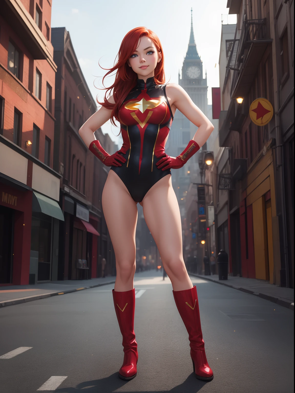 (best quality, masterpiece), 1girl, solo, glitter, leotard, bare legs, particle, superhero, boots, gloves, clenched fists, standing, hands on hip, smile, city backdrop, beautiful detailed eyes, american, age 22, redhead