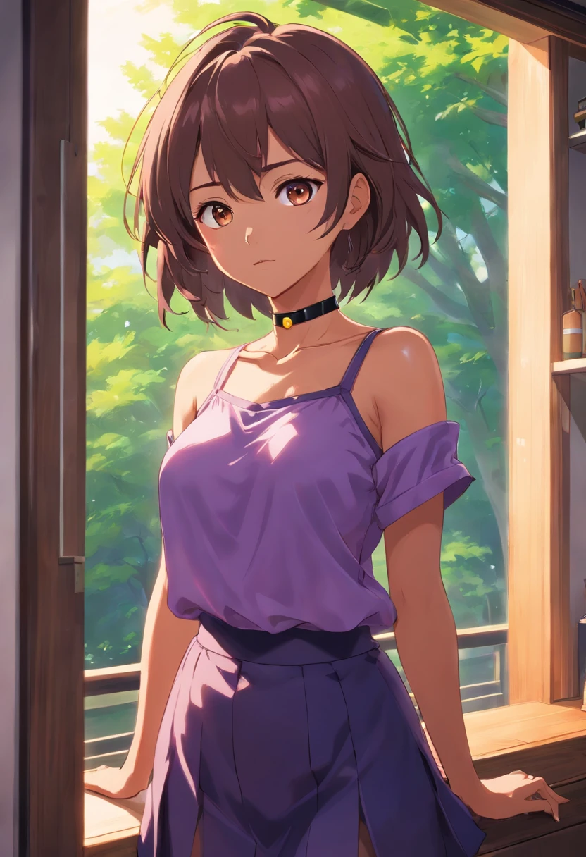 (High, Best Quality:1.2), Intricate Details, Vibrant Image, Sharpness, Colorful, ShioriNishimura, Dark Skin, Dark Skinned Female, Alone, Mature Female, MILF, Looking At Viewer, Hands On Hips, Cowboy Shot, Bedroom , inside, window, tree, sky, brown hairstyles, short hairstyle, makeup, brown eyes, perfect eyes, perfect face, Detailed face, (Choker:1.1), purple blouse, yellow skirt, sweat, Curvy, Thighs, narrow waist,