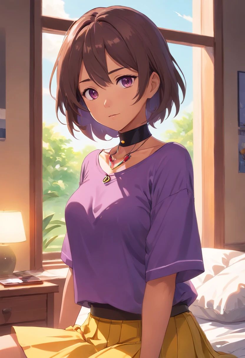 (High, Best Quality:1.2), Intricate Details, Vibrant Image, Sharpness, Colorful, ShioriNishimura, Dark Skin, Dark Skinned Female, Alone, Mature Female, MILF, Looking At Viewer, Hands On Hips, Cowboy Shot, Bedroom , inside, window, tree, sky, brown hairstyles, short hairstyle, makeup, brown eyes, perfect eyes, perfect face, Detailed face, (Choker:1.1), purple blouse, yellow skirt, sweat, Curvy, Thighs, narrow waist,