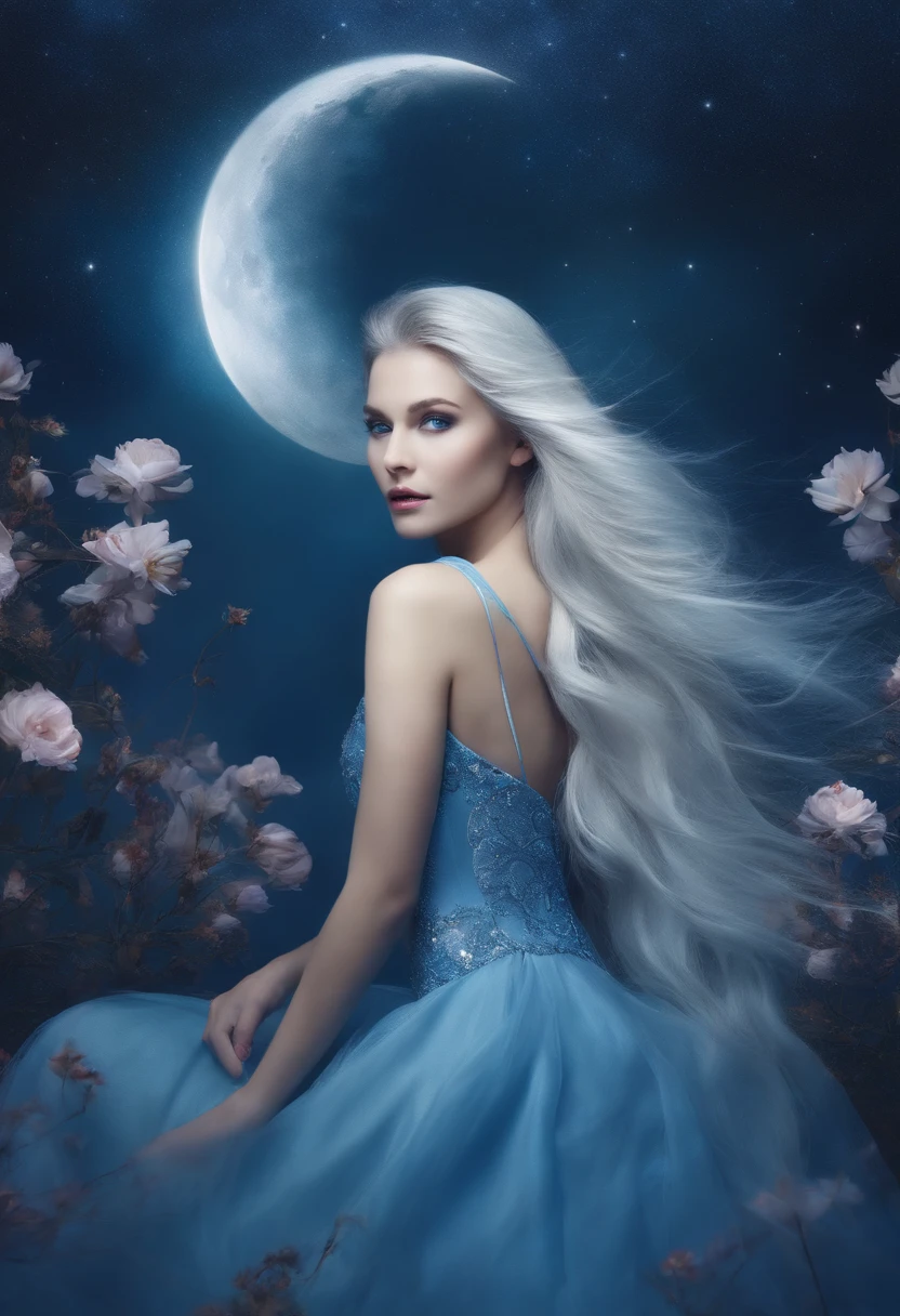 multiple exposure, vivd colour, Star, flower，Moon Princess. long straight silver hair. Silver Moon Hairpin. Blue eyes. Blue dress.