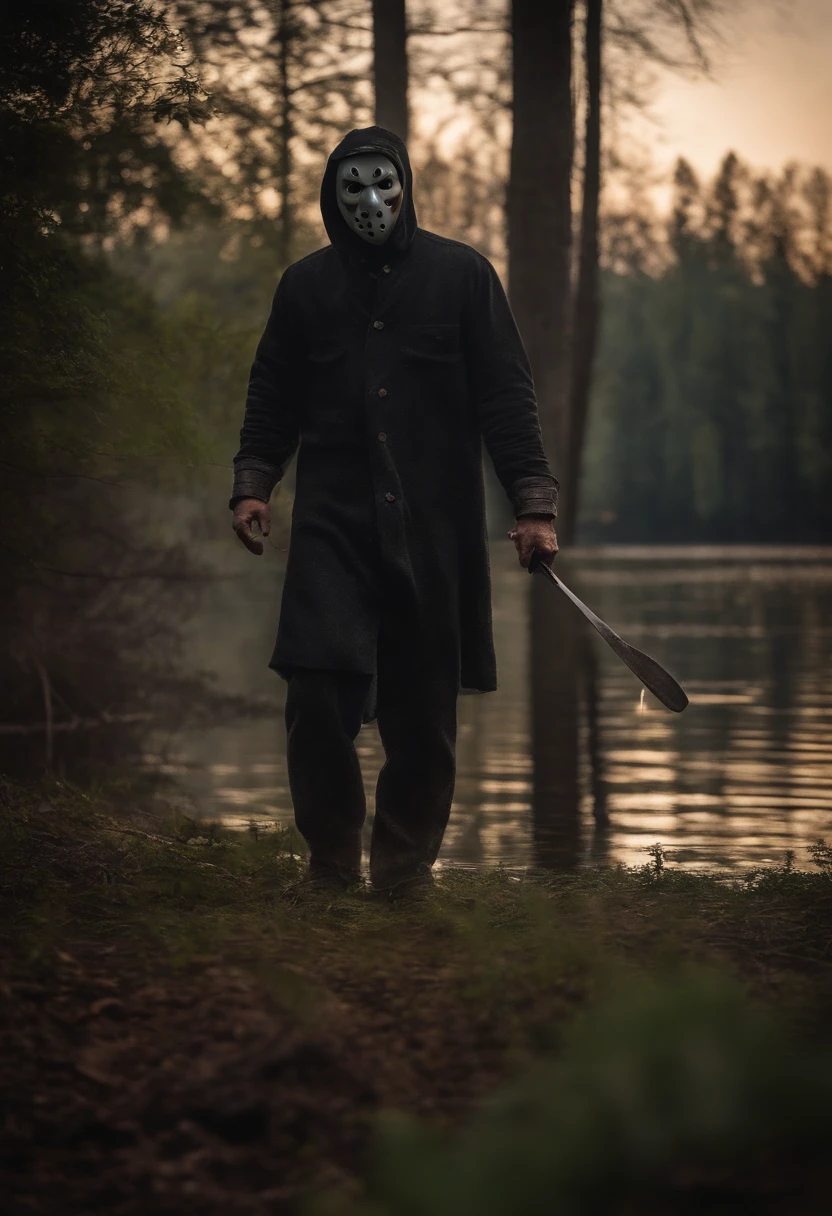 Create 5 realistic images of classic Jason Vorris from the movie Friday the 13th with a knife in his hand in a terrifying way coming out of the lake at night