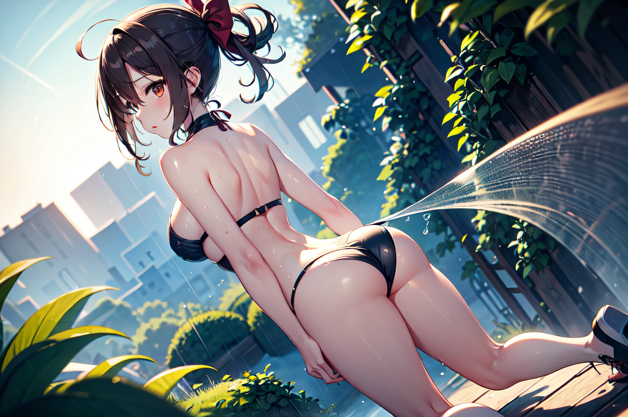 quality 3, Wet Anime, Hyper details, full body view, Wet Anime White woman 20 years old with Random color hair wet hair tied back with a red ribbon Her eyes are the same color as her wet hair, thin and super tight clothes: white Nano tube top and Nano Lycras, a jungle background under a constant torrential rain drenching them, leaning wet back pose, showing off her beautiful body 92 59 90, flirty face, invisible pedestal, fractal isometrics details bioluminescence, high contrast, anatomically correct, (((8k resolution))) , insanely detailed and intricate, hypermaximalist, elegant, hyper realistic, super detailed, Natural Lighting, Crepuscular Rays, smooth texture, 16x anisotropic filtering, ultra texture quality, symmetrical, 50mm f1.4