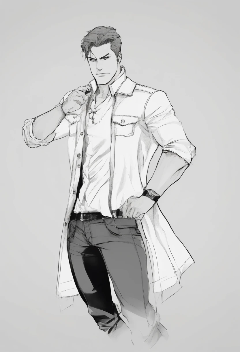 personagem ANIME homem, corpo inteiro, Standing, forte, longos cabelos loiros, ((design sketches)), (master part), extremamente detalhado, (projeto original reservado), (random poses), Leader, (Exclusive accessories), (garments, colete verde, jeans), (rosto barbudo) profissionalmente retocado, fundo branco, (macho: 1.1) artes marciais, parkour (Caucus clothes jeans r: 0.8), (sujo: 1.1), (movimento: 0.8), (jovem: 1.3), (carreira: 0.6) (Conceito Silent Hill) (conceito de resident evil)